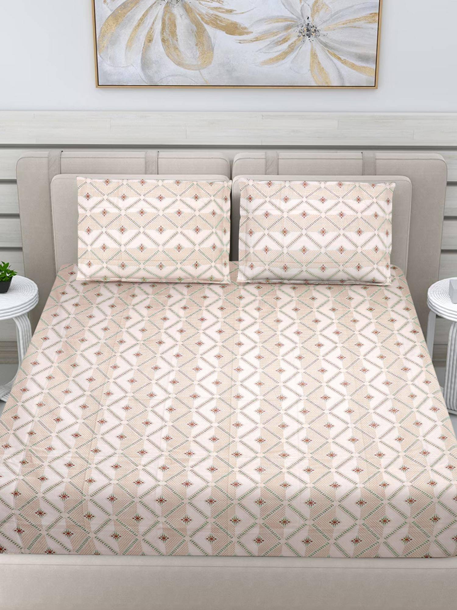 FABINALIV Multicolor Geometric 100% Cotton King Size Double Bedsheet With 2 Pillow Covers