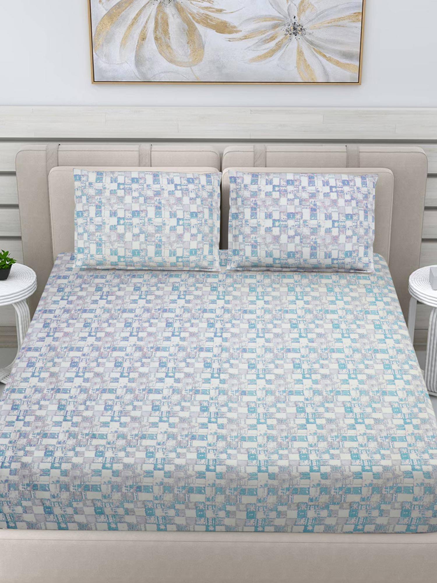 FABINALIV Blue Geometric 300 Tc 100% Cotton King Size Double Bedsheet With 2 Pillow Covers
