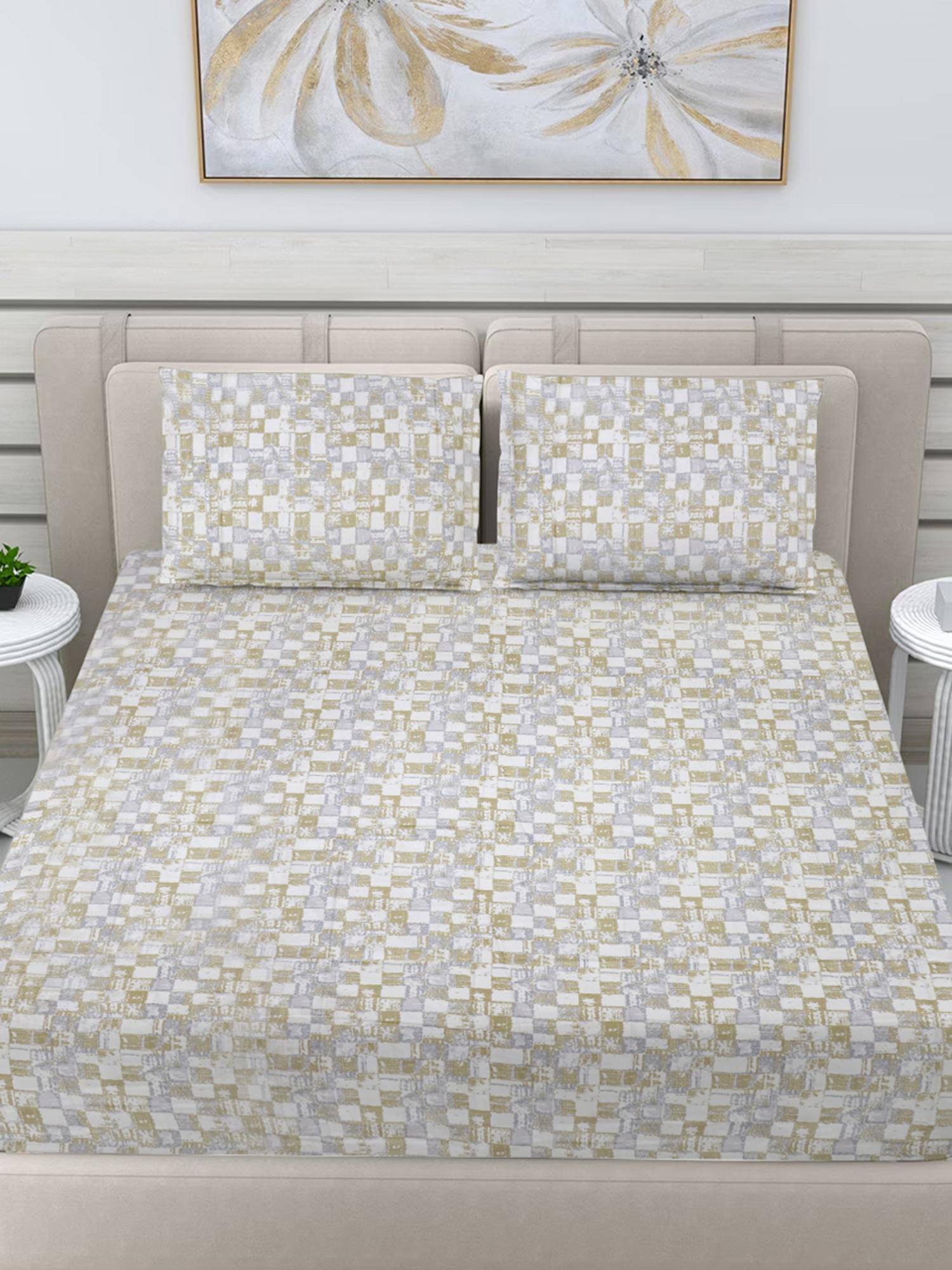 FABINALIV Beige Geometric 300 Tc 100% Cotton King Size Double Bedsheet With 2 Pillow Covers