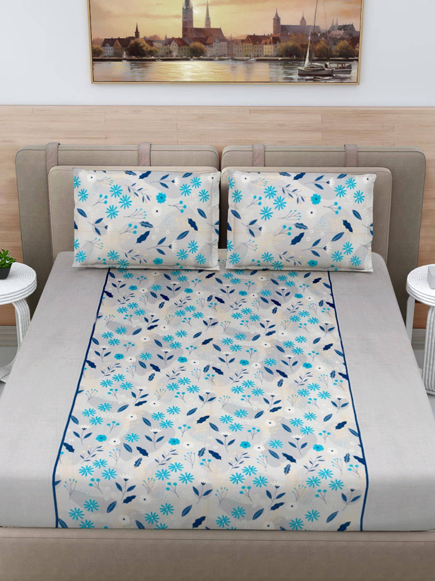 FABINALIV Blue Floral 100% Cotton Super King Size Double Bedsheet With 2 Pillow Covers