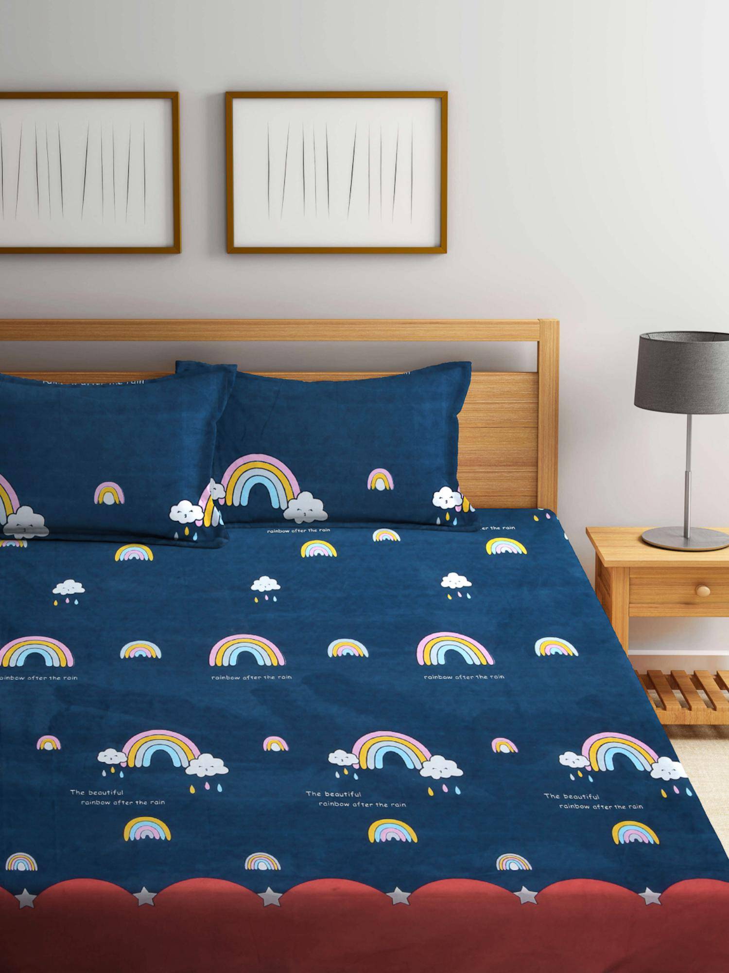 FABINALIV Blue Cartoon Print Cotton Blend King Size Fitted Double Bedsheet With 2 Pillow Covers