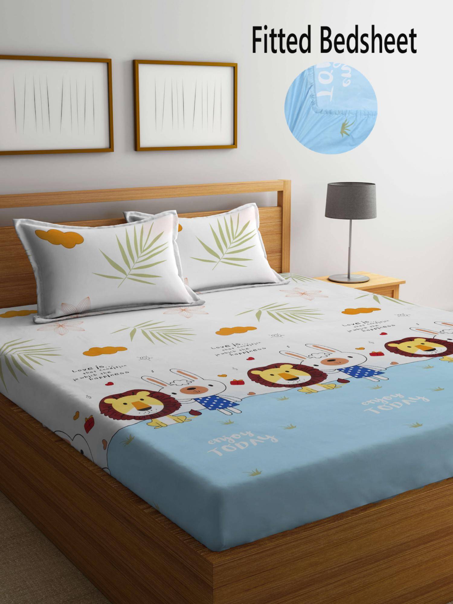 FABINALIV Multicolor CartoonCotton Blend King Size Fitted Double Bedsheet With 2 Pillow Covers