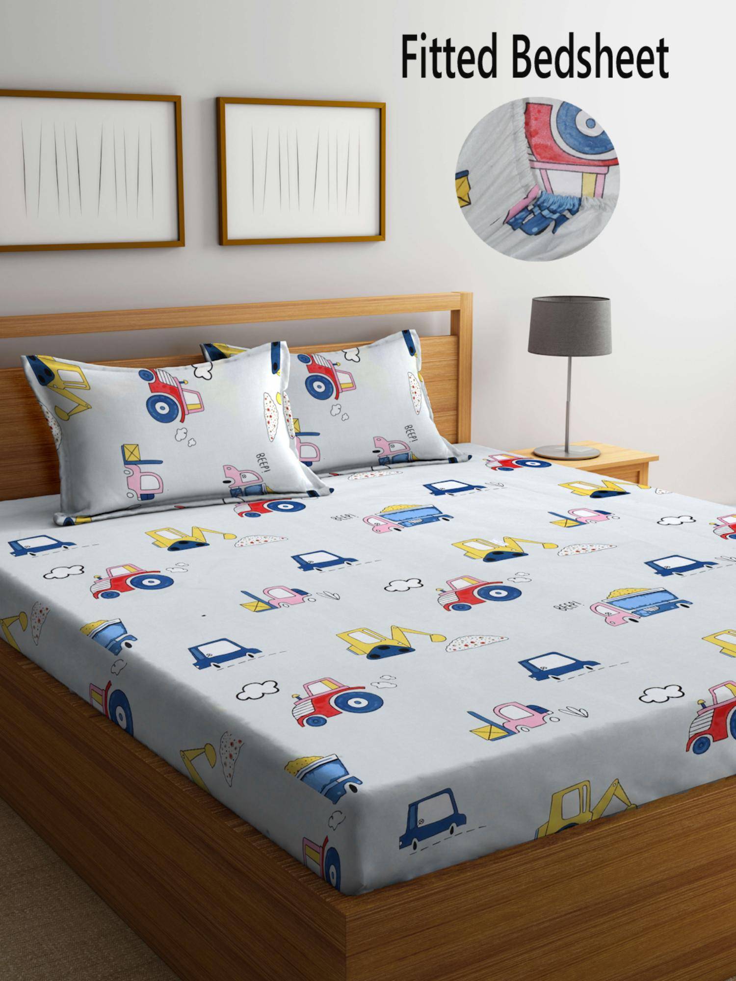 FABINALIV Multicolor CartoonCotton Blend King Size Fitted Double Bedsheet With 2 Pillow Covers