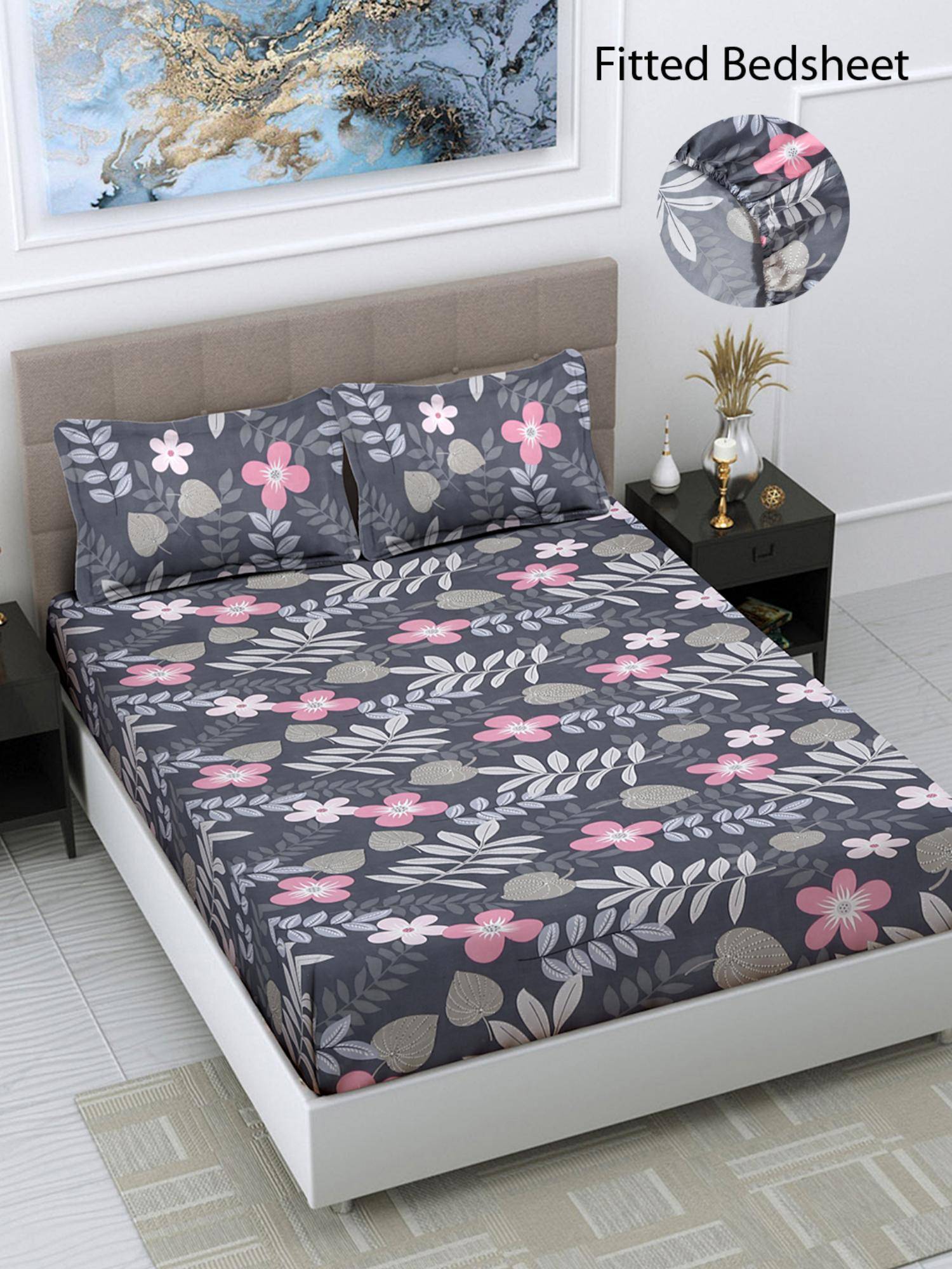 FABINALIV Multicolor Floral Cotton Blend King Size Fitted Double Bedsheet With 2 Pillow Covers