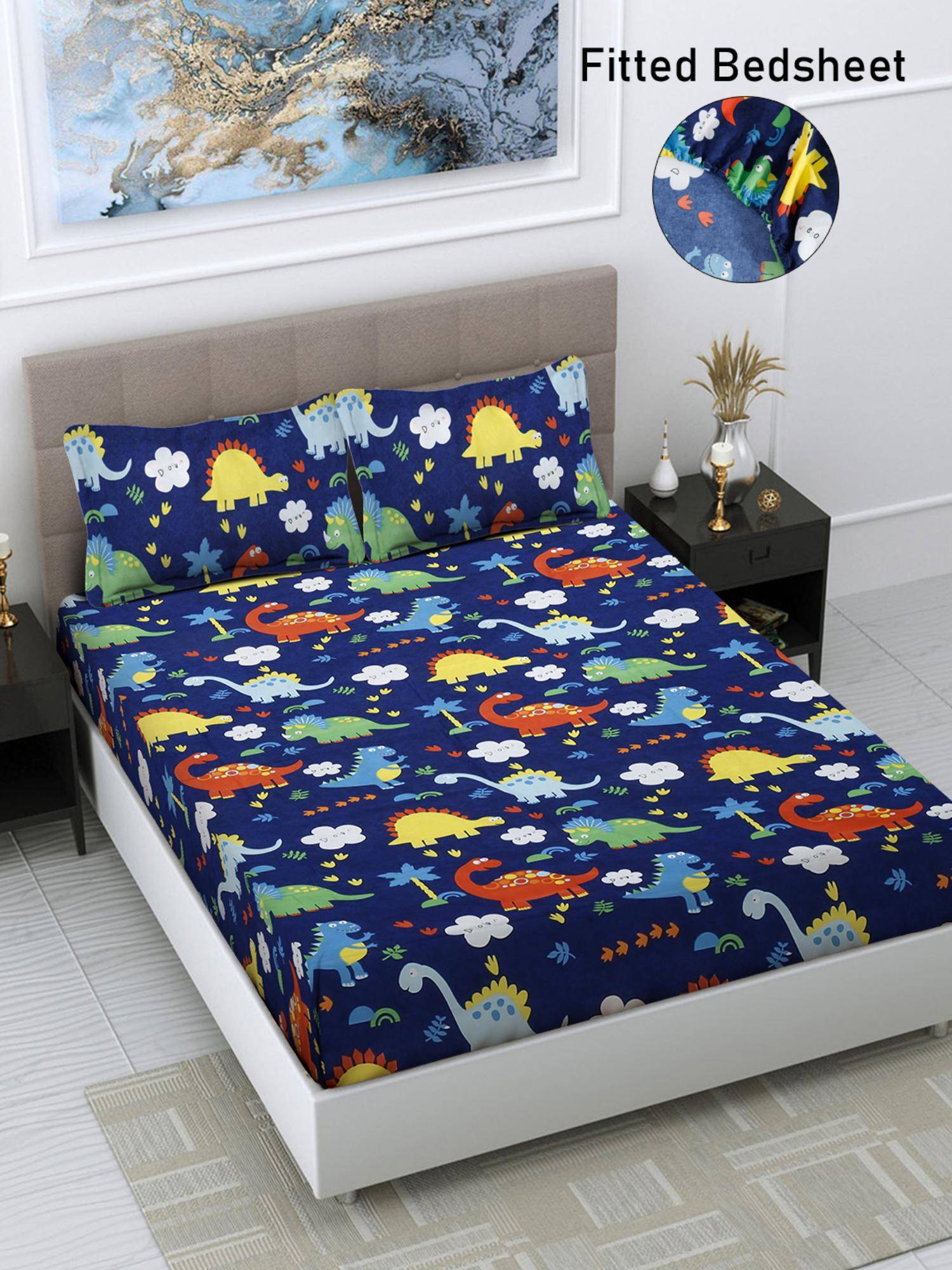 FABINALIV Blue Cartoon Print Cotton Blend King Size Fitted Double Bedsheet With 2 Pillow Covers