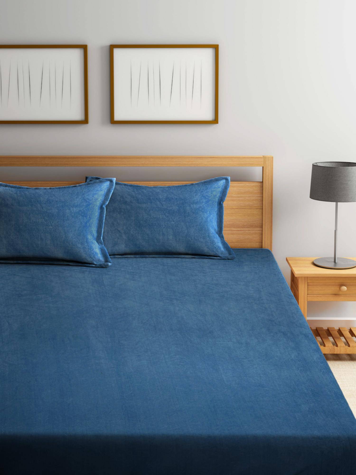 FABINALIV Ice Blue Solid 300 Tc Woollen King Size Double Bedsheet With 2 Pillow Covers