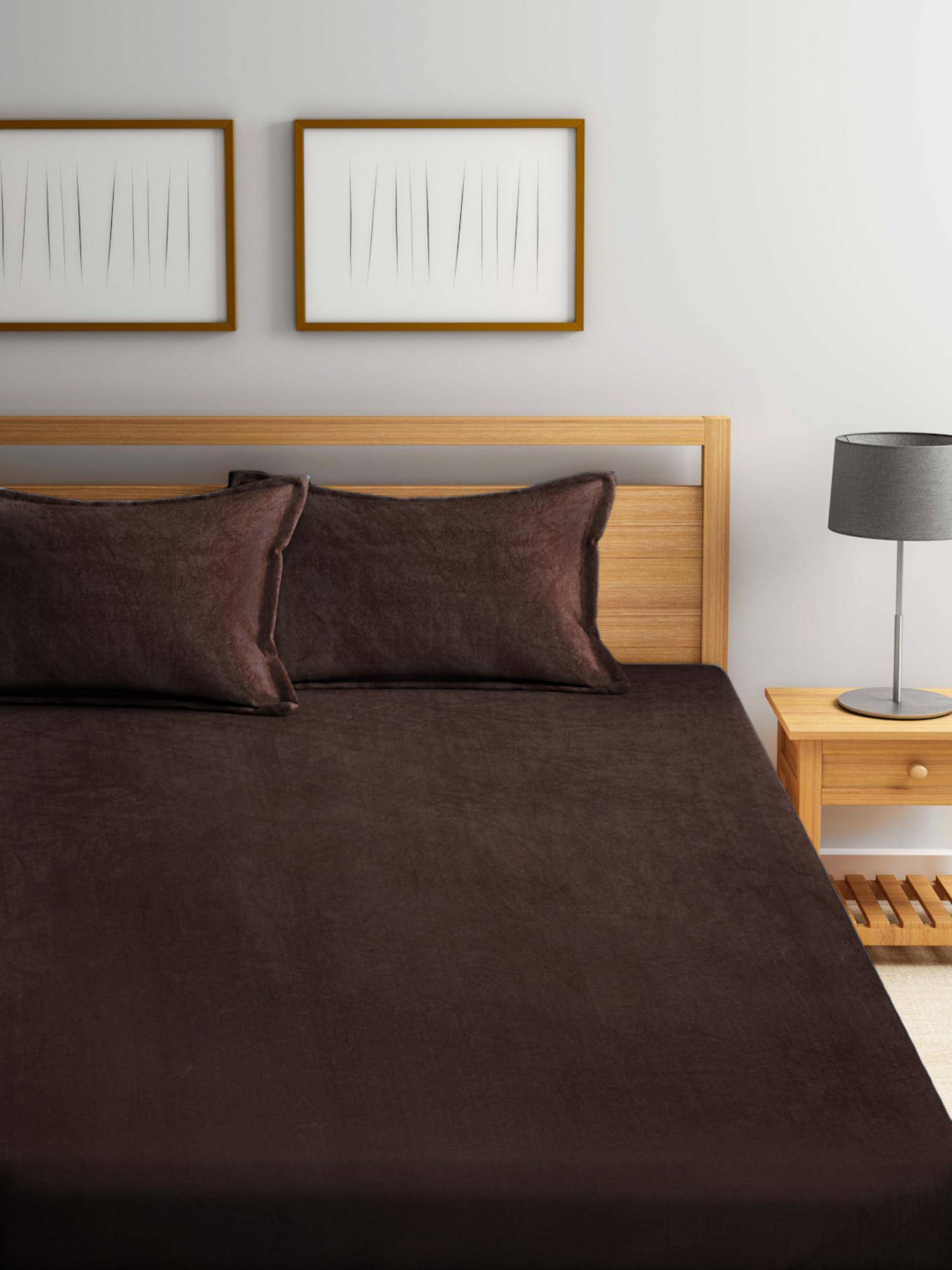 FABINALIV Coffee Solid 300 Tc Woollen King Size Double Bedsheet With 2 Pillow Covers
