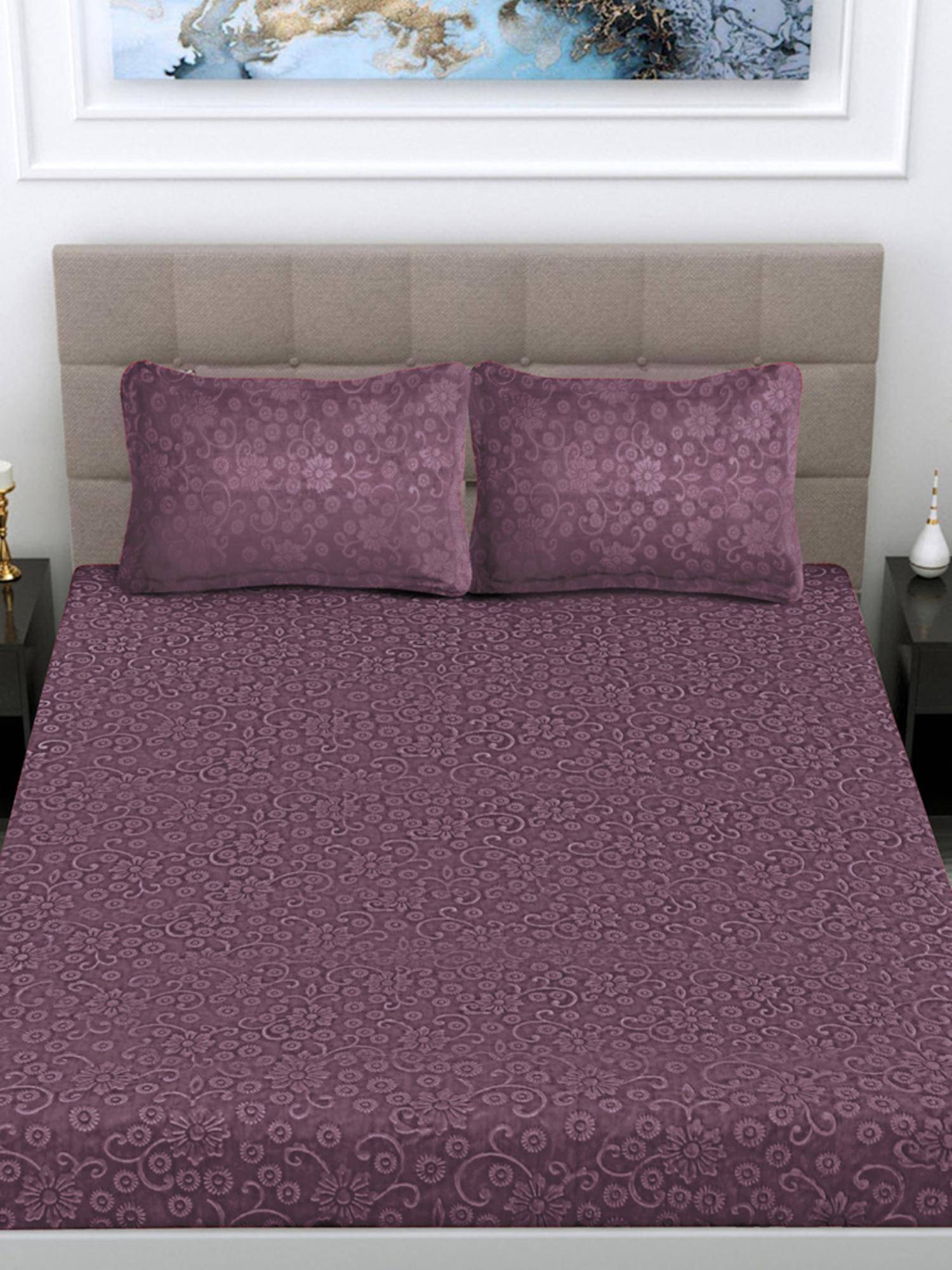 FABINALIV Raisin Purple Floral Woollen Embossed King Size Double Bedsheet With 2 Pillow Covers
