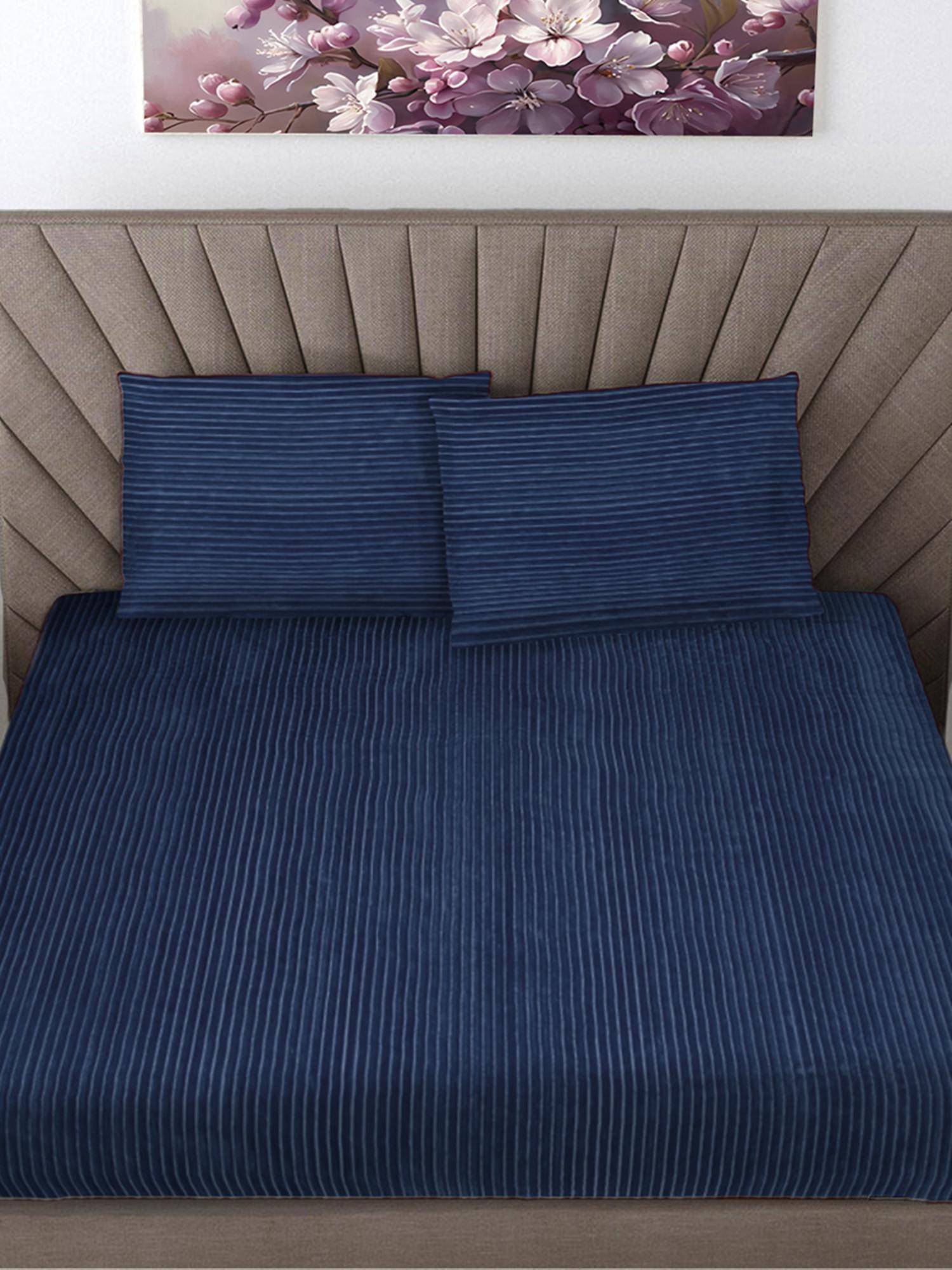 FABINALIV Navy Blue Striped 300 Tc Woollen King Size Double Bedsheet With 2 Pillow Covers