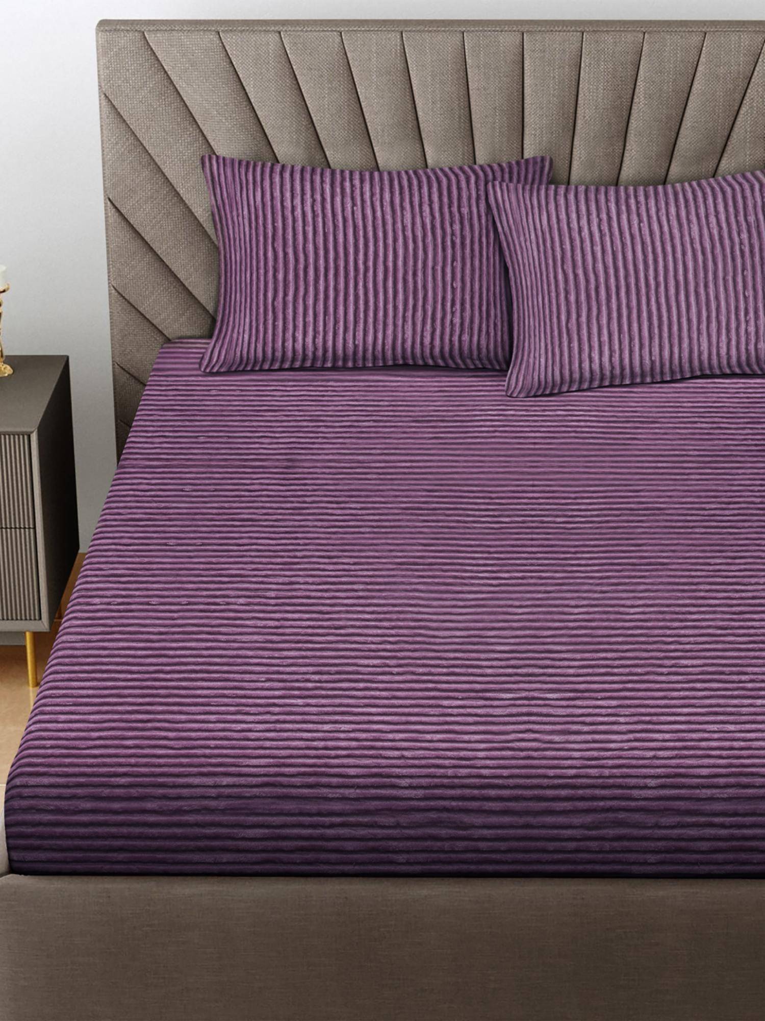 FABINALIV Purple Striped Woollen King Size Double Bedsheet With 2 Pillow Covers