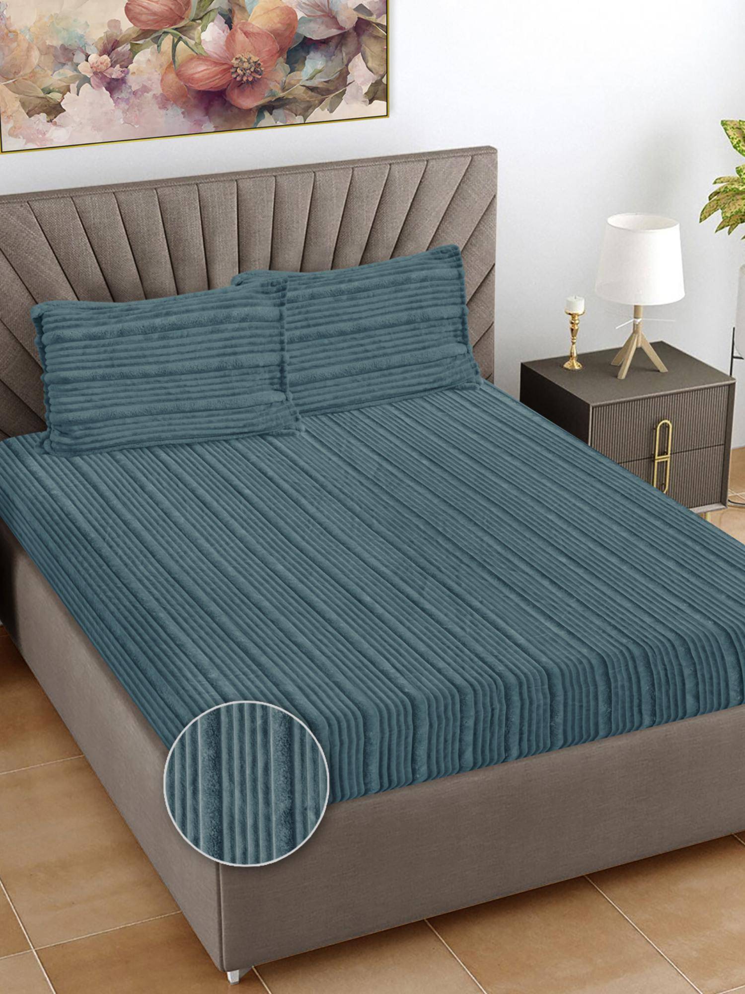 FABINALIV Sky Blue Striped Woollen King Size Double Bedsheet With 2 Pillow Covers