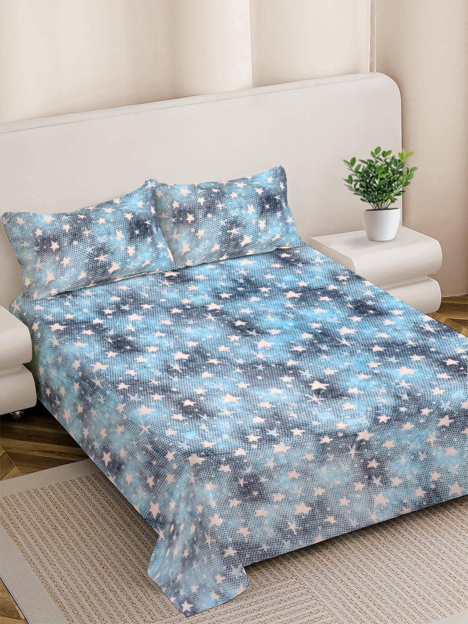 FABINALIV Sky Blue Abstract Woollen King Size Double Bedsheet With 2 Pillow Covers
