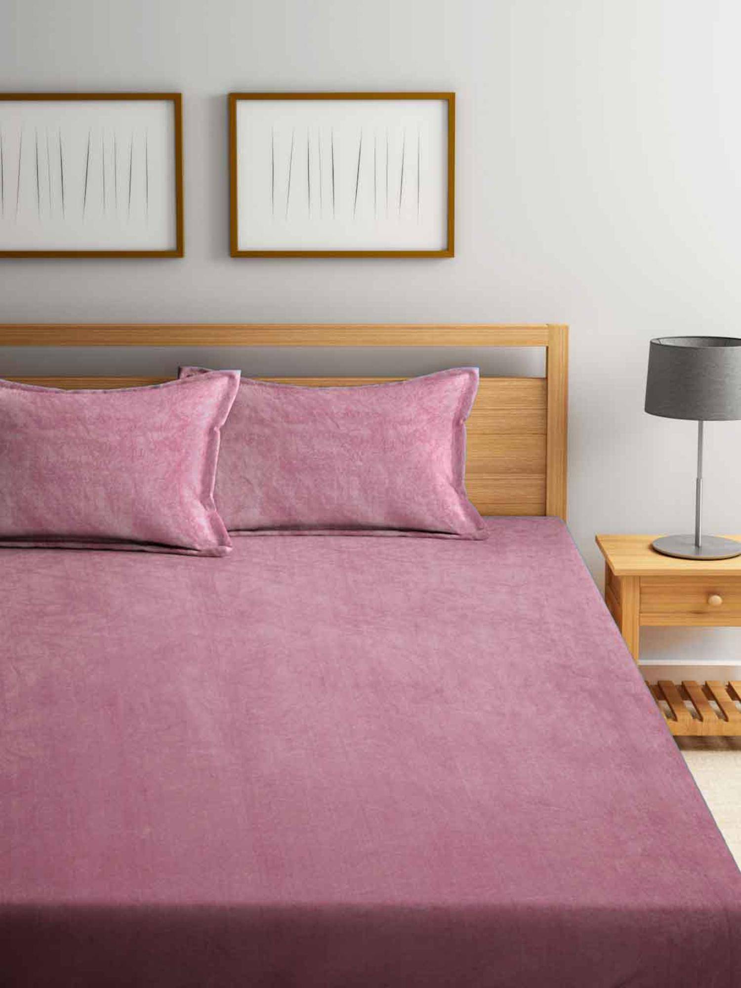 FABINALIV Onion Solid 300 Tc Woollen King Size Fitted Double Bedsheet With 2 Pillow Covers