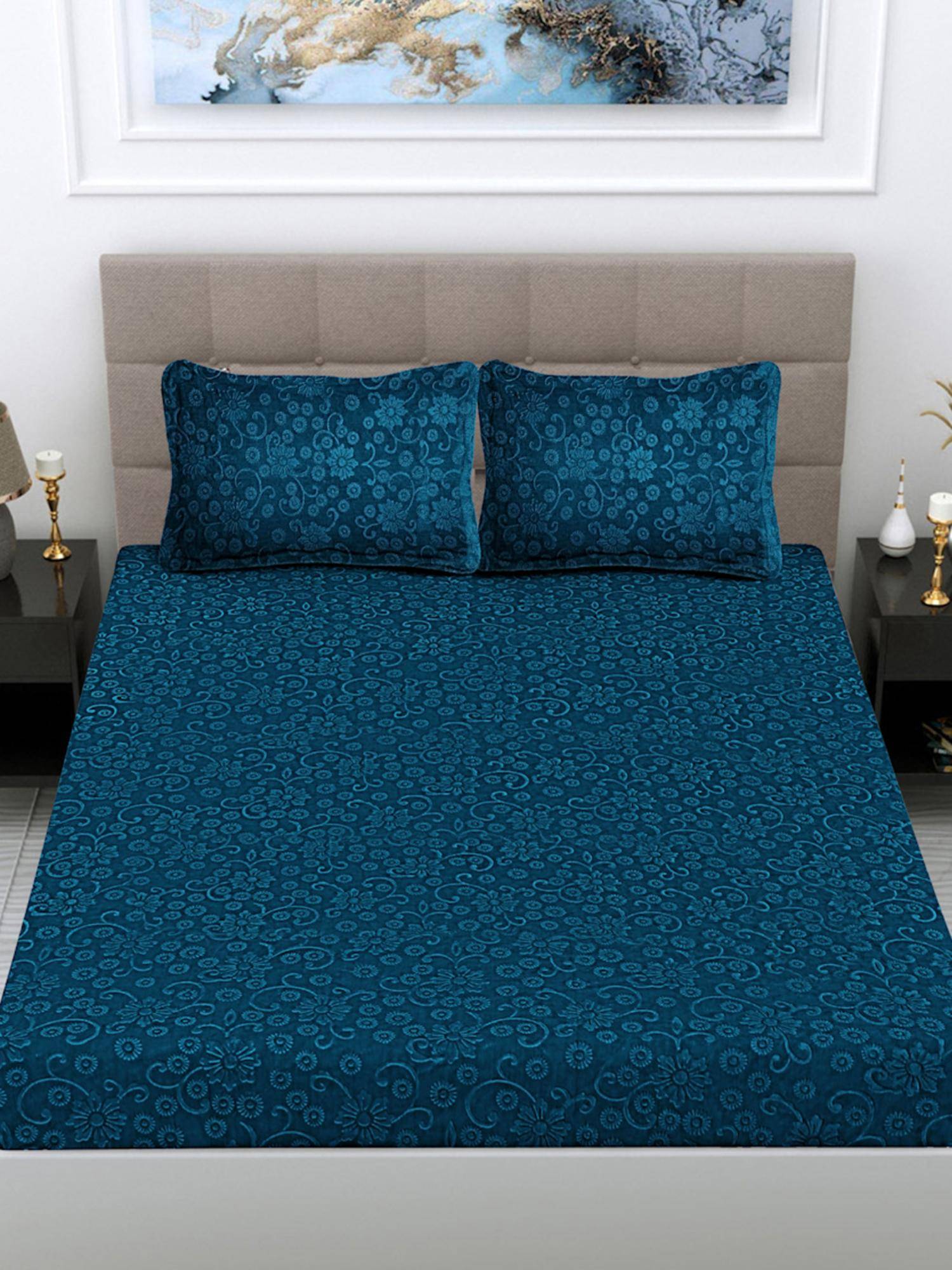 FABINALIV Rama Blue Floral Woollen Embossed King Size Fitted Double Bedsheet With 2 Pillow Covers