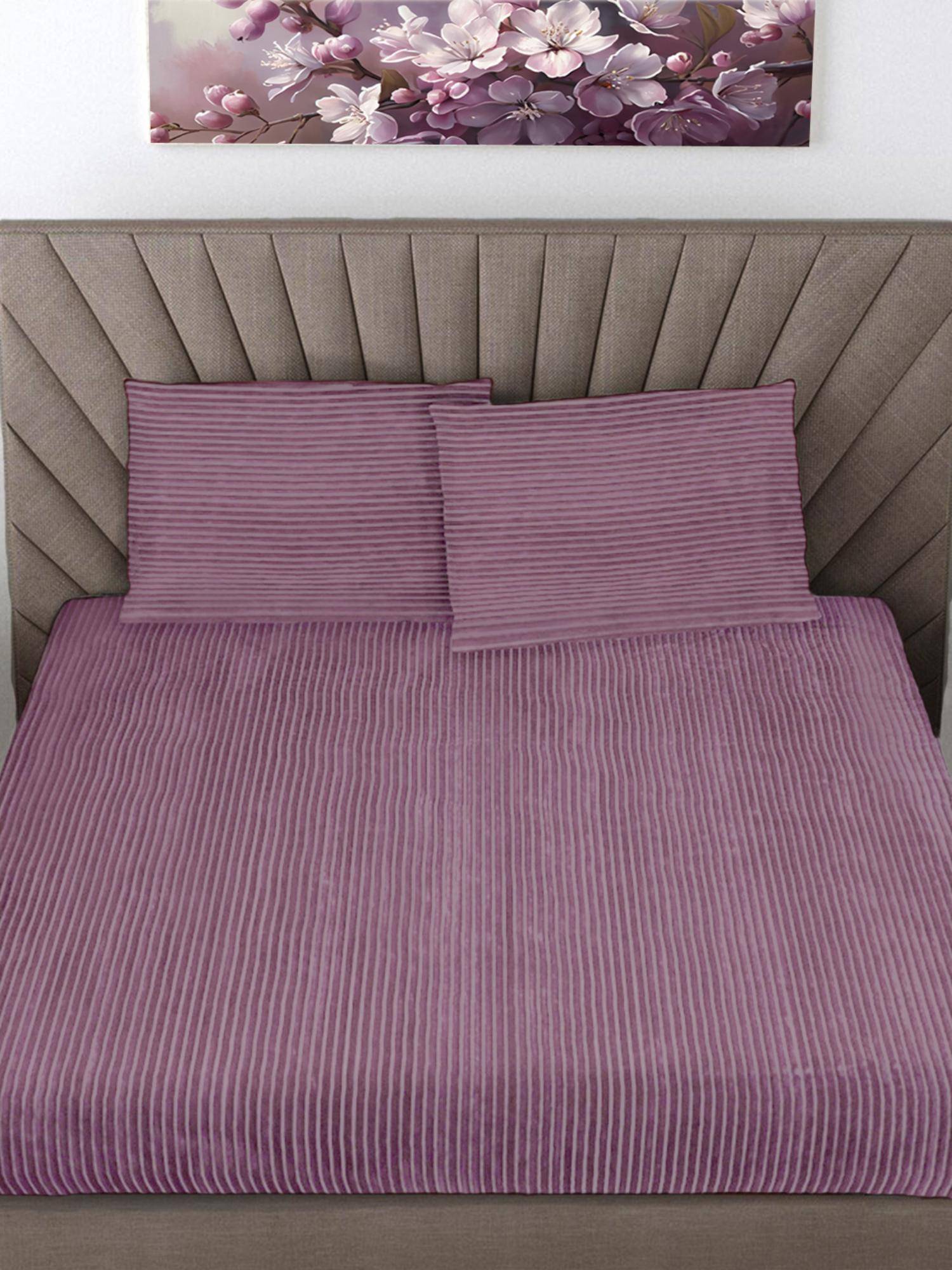 FABINALIV Pink Striped 300 Tc Woollen King Size Fitted Double Bedsheet With 2 Pillow Covers