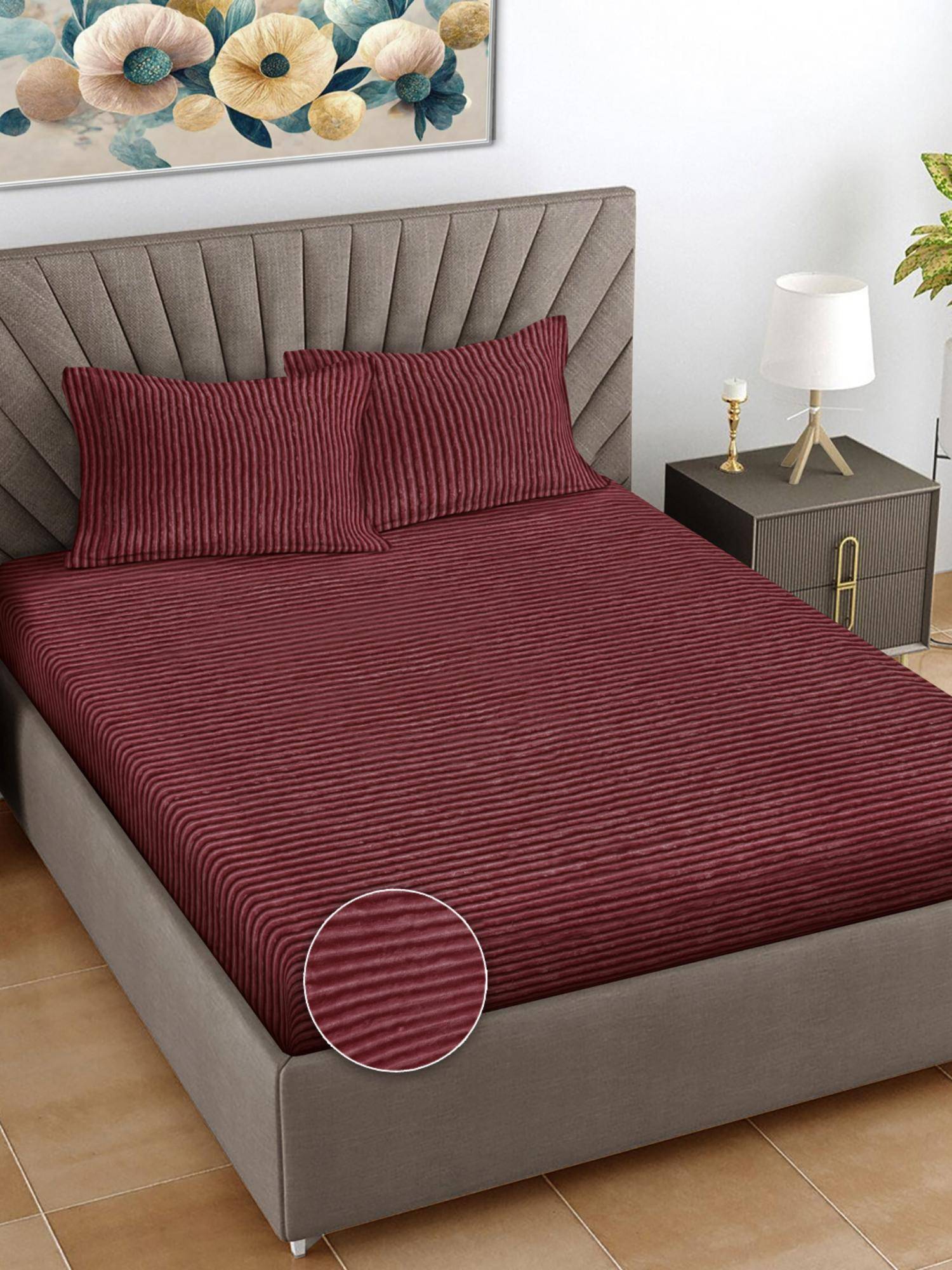 FABINALIV Maroon Striped Woollen King Size Fitted Double Bedsheet With 2 Pillow Covers