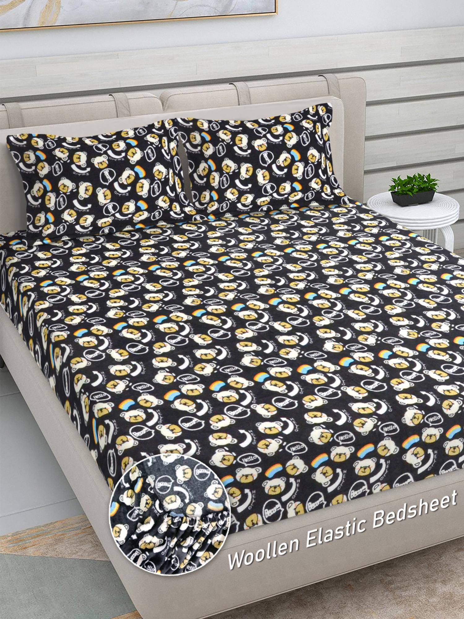 FABINALIV Black Cartoon Woollen King Size Fitted Double Bedsheet With 2 Pillow Covers