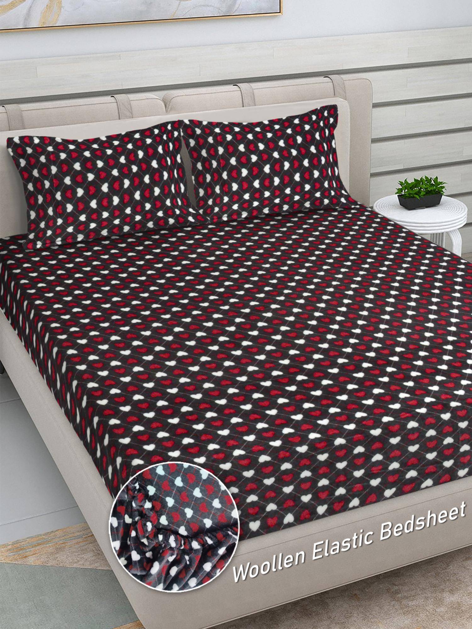 FABINALIV Multicolor Abstract Woollen King Size Fitted Double Bedsheet With 2 Pillow Covers