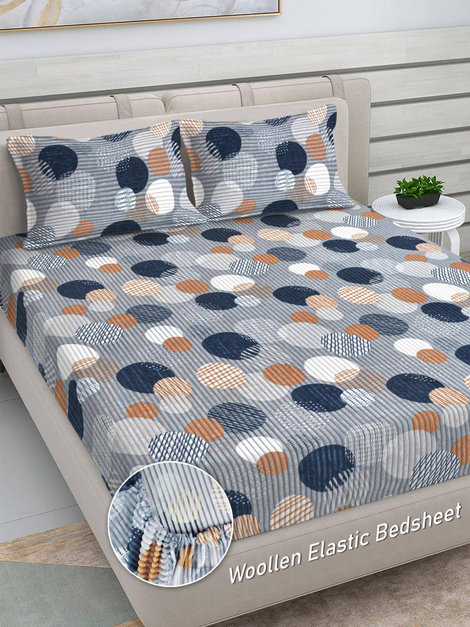 FABINALIV Multicolor Geometric Woollen King Size Fitted Double Bedsheet With 2 Pillow Covers