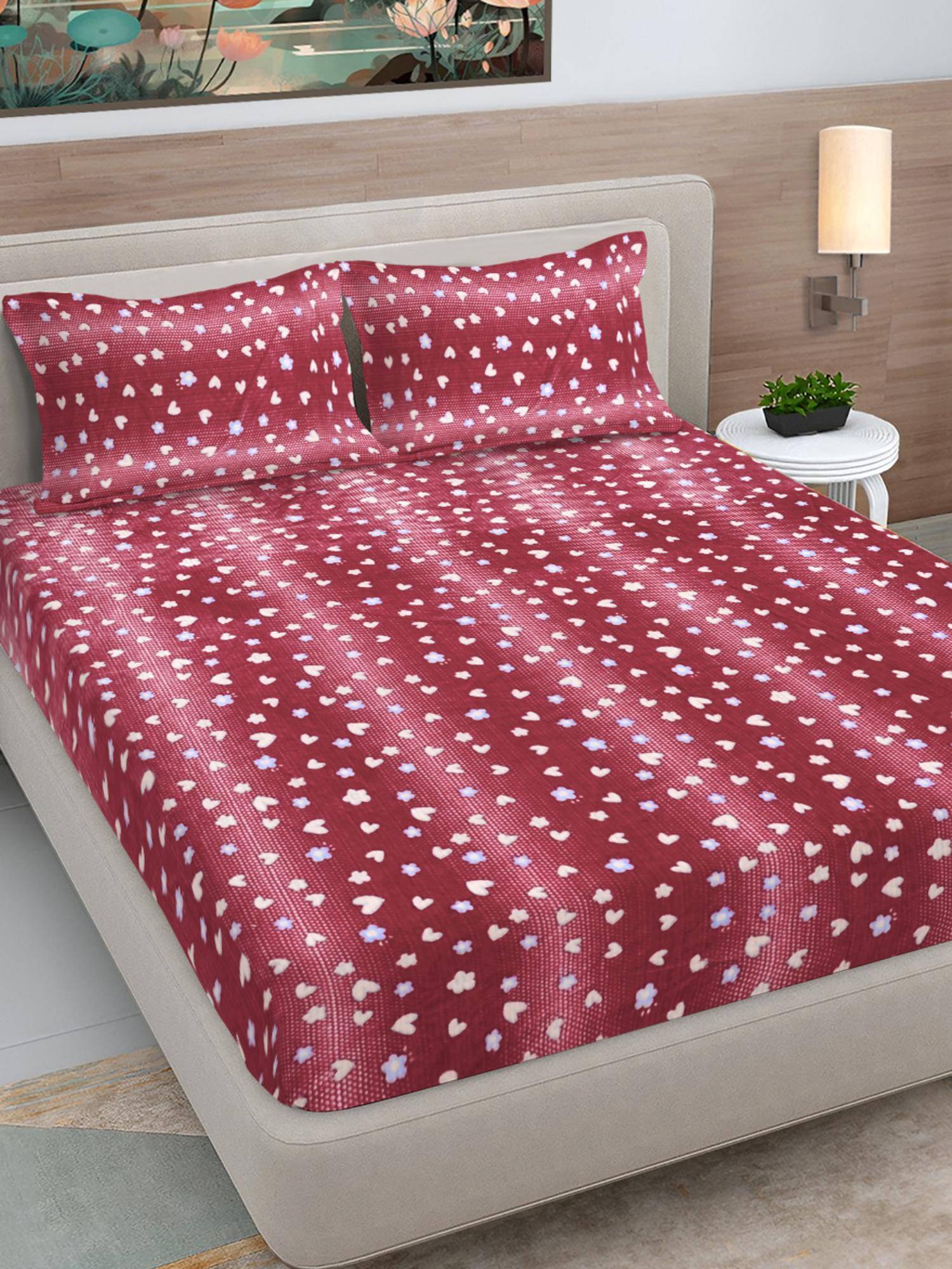 FABINALIV Red Abstract Woollen King Size Fitted Double Bedsheet With 2 Pillow Covers
