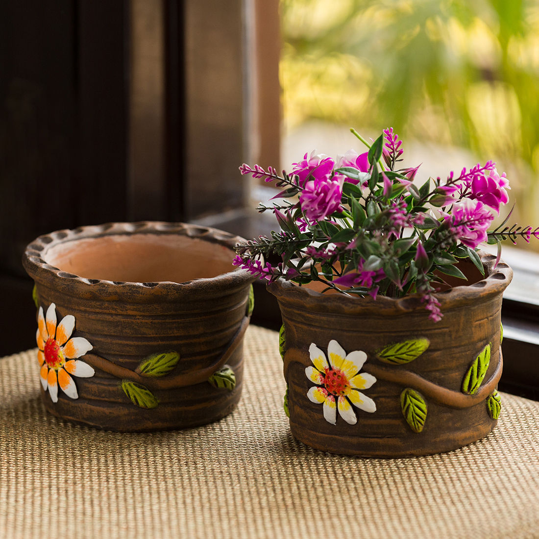 ExclusiveLane 'Mud Blossom Pair' Handmade & Hand-Painted Planter Pots In Terracotta ( Set Of 2)