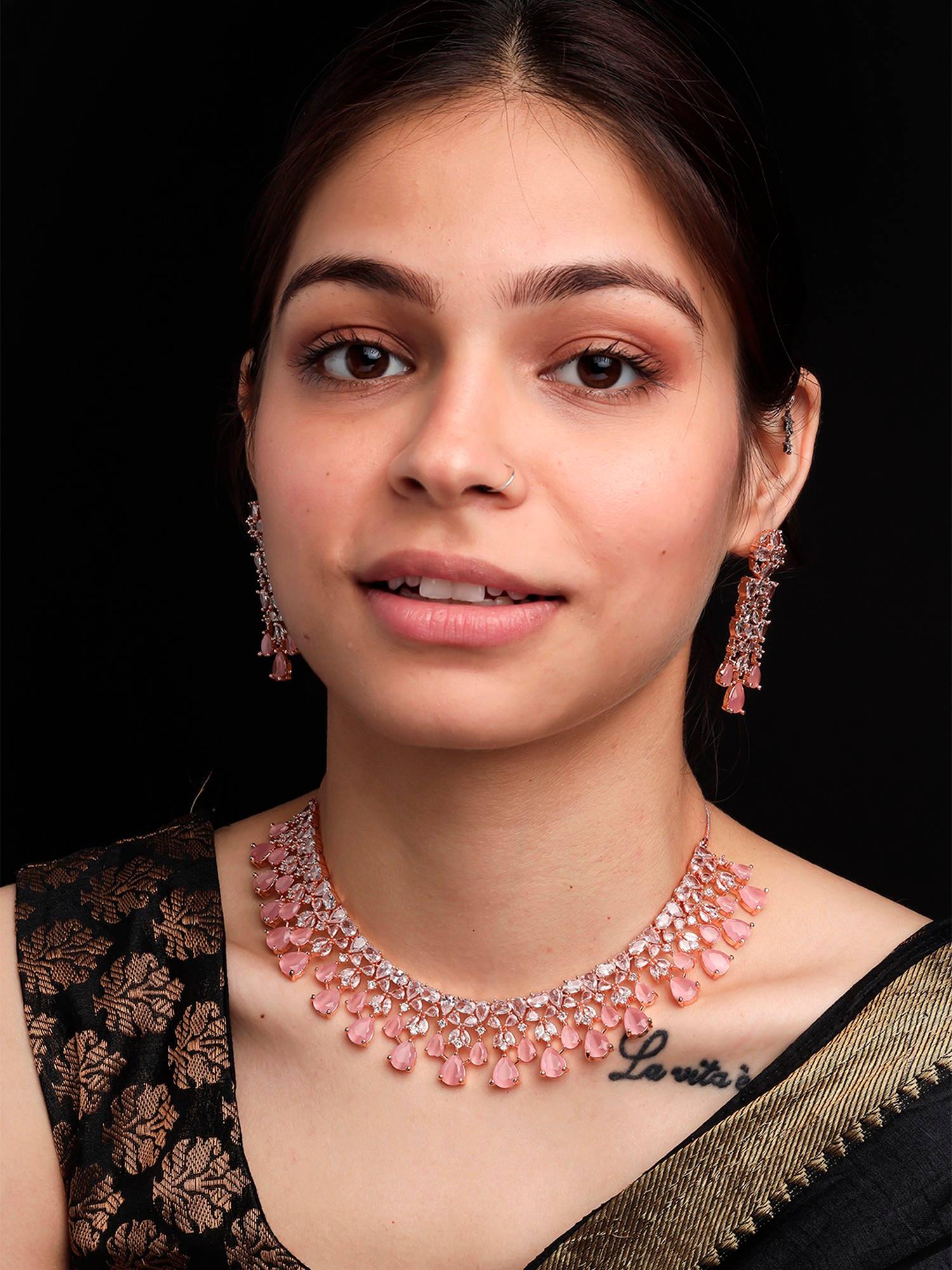 STILEADDA Rose Gold Plated Ad and Cz Studded Flower Motif Necklace Set