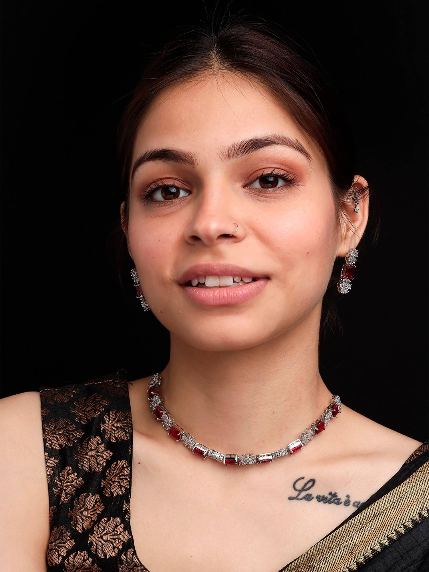 STILEADDA Exquisite Red Flower Motif Cz Sleek Necklace Set