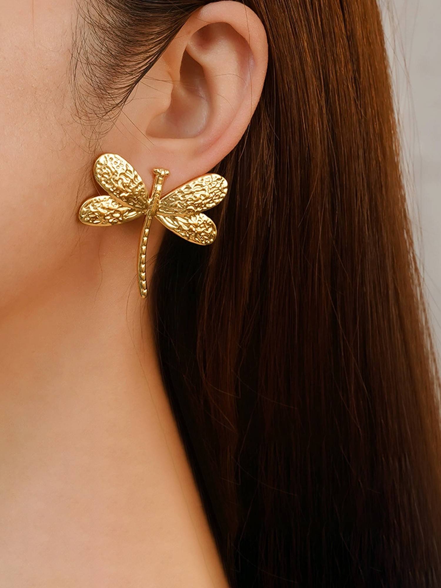 Designs & You Gold-Plated Anti Tarnish Stainless Steel Dragonfly Themed Stud Earrings