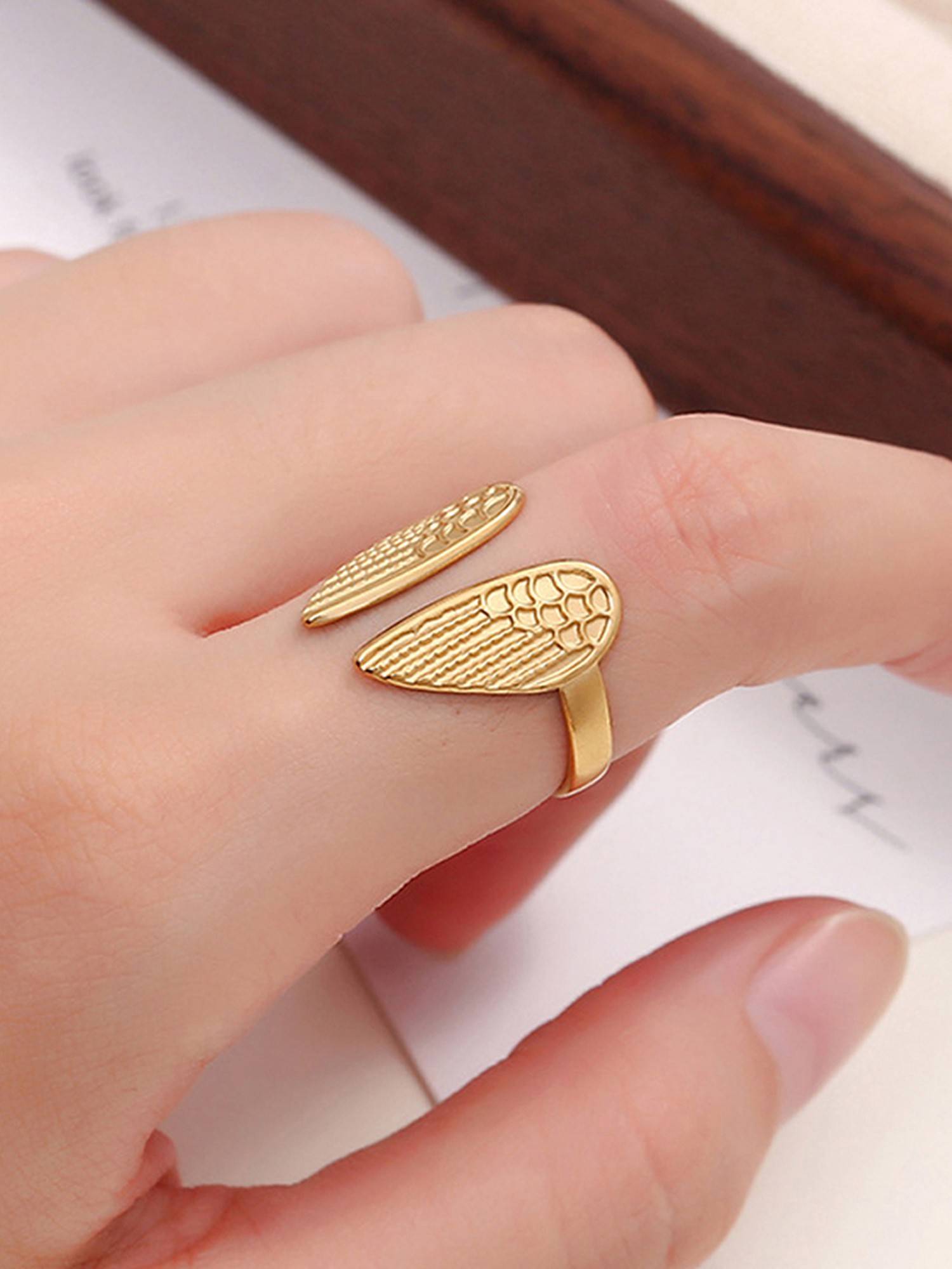 Designs & You Gold-Plated Anti Tarnish Stainless Steel Wings Of Hope Themed Adjustable Ring