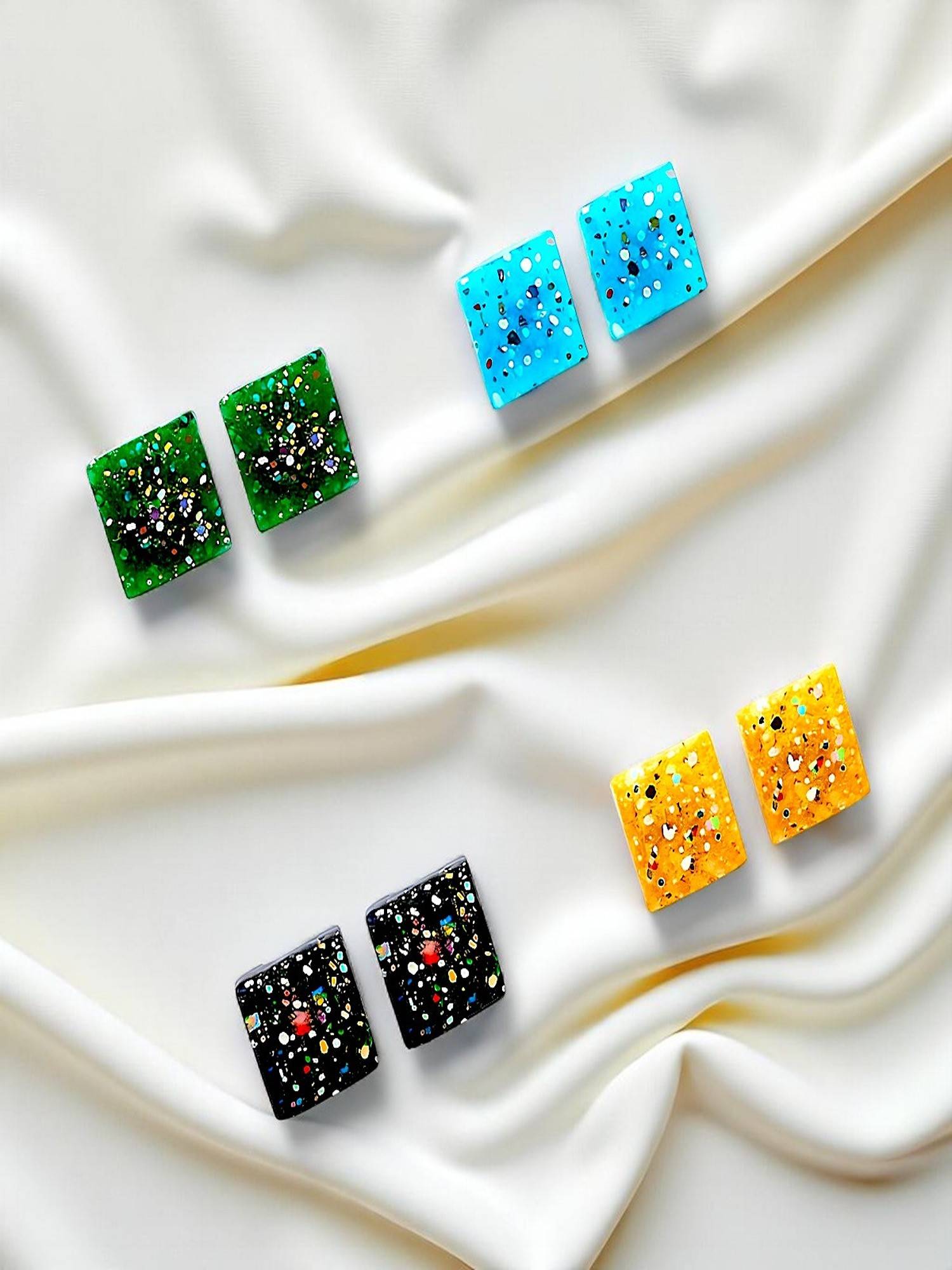 Accessher Glitter Multicolour Square Stud Earrings (Pack of 4)
