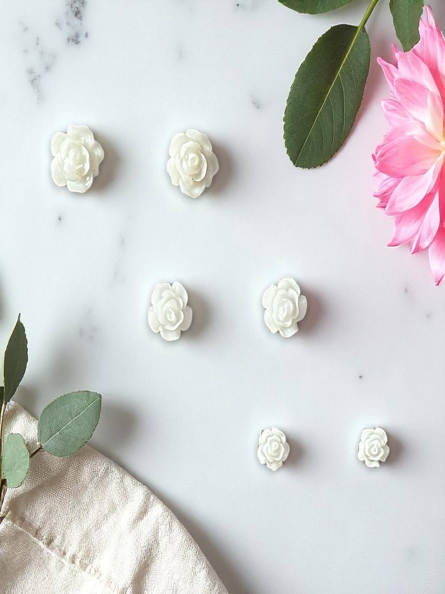 Accessher White Rose Stud Earrings - Elegant Floral Design (Pack of 3)