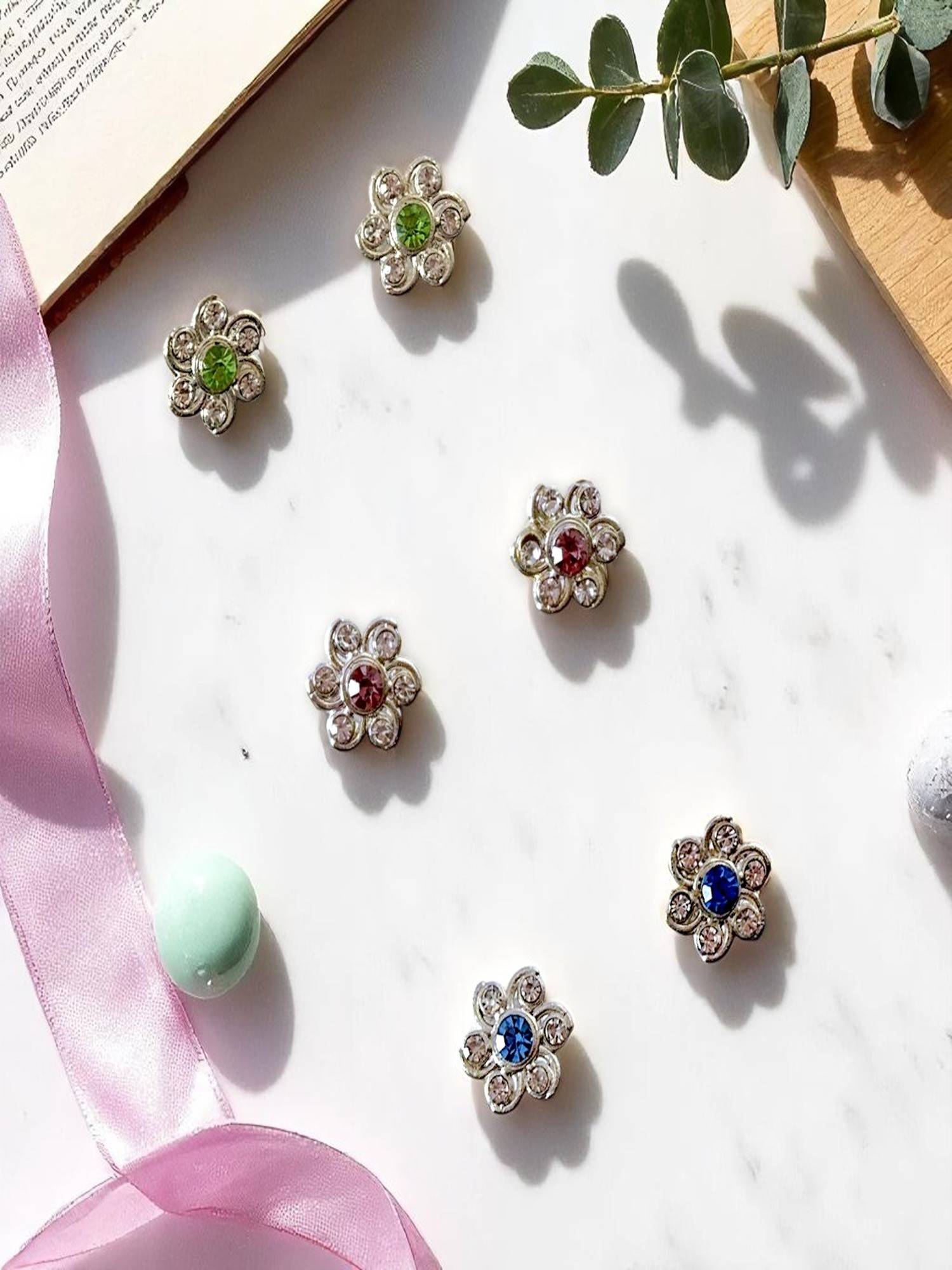 Accessher Silver Floral Stud - Colourful Stones and Stylish Design (Pack of 3)