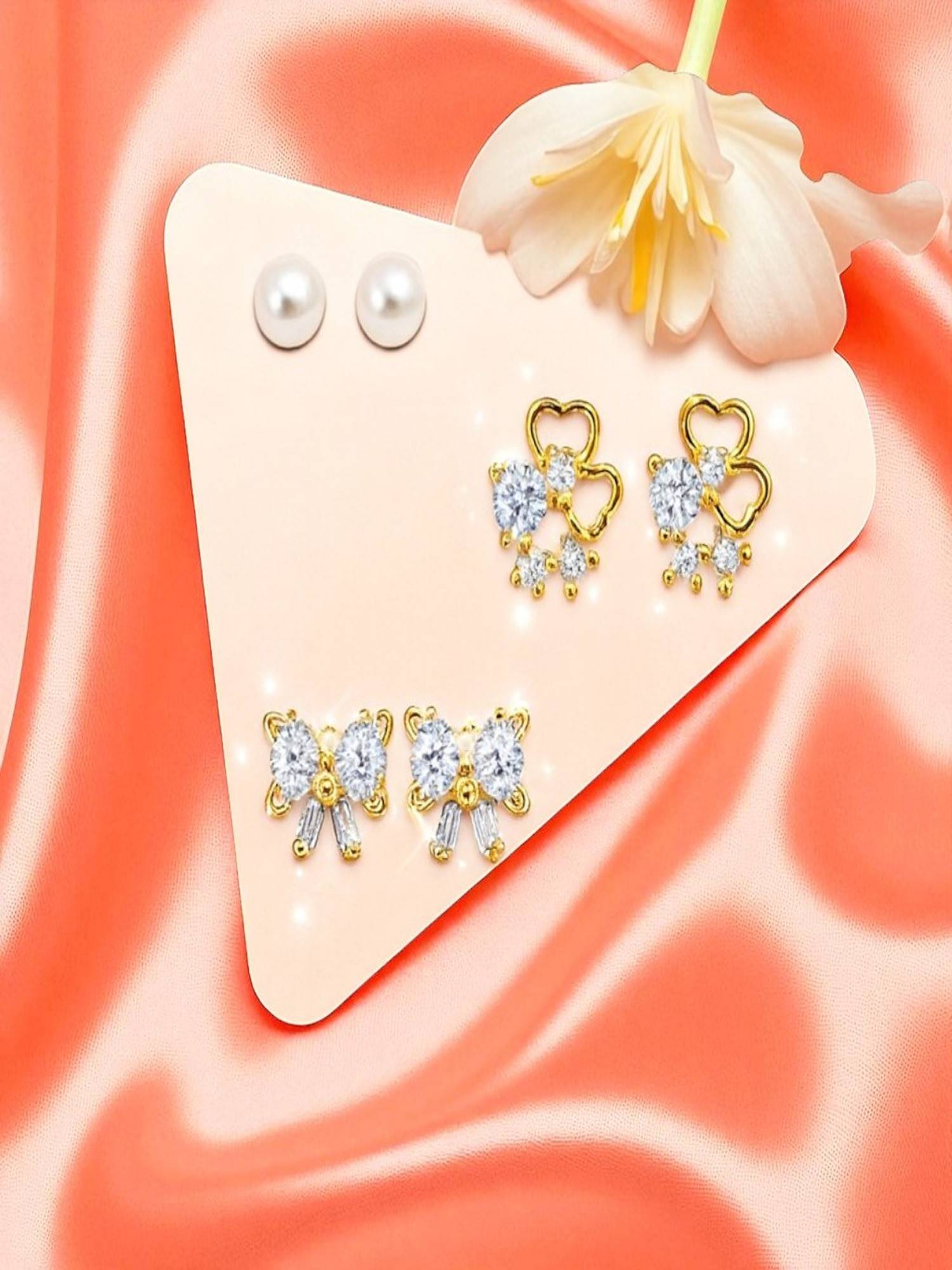 Accessher Gold Bow Crystal Pearl Stud Earrings (Pack of 3)