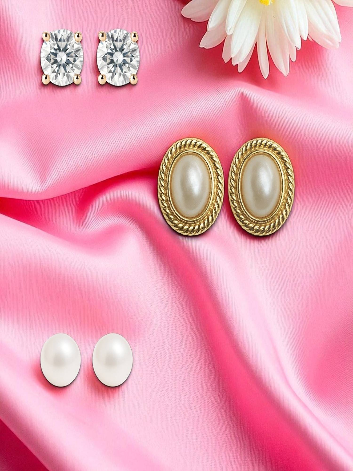 Accessher Gold Oval Pearl Crystal Stud Earrings (Pack of 3)