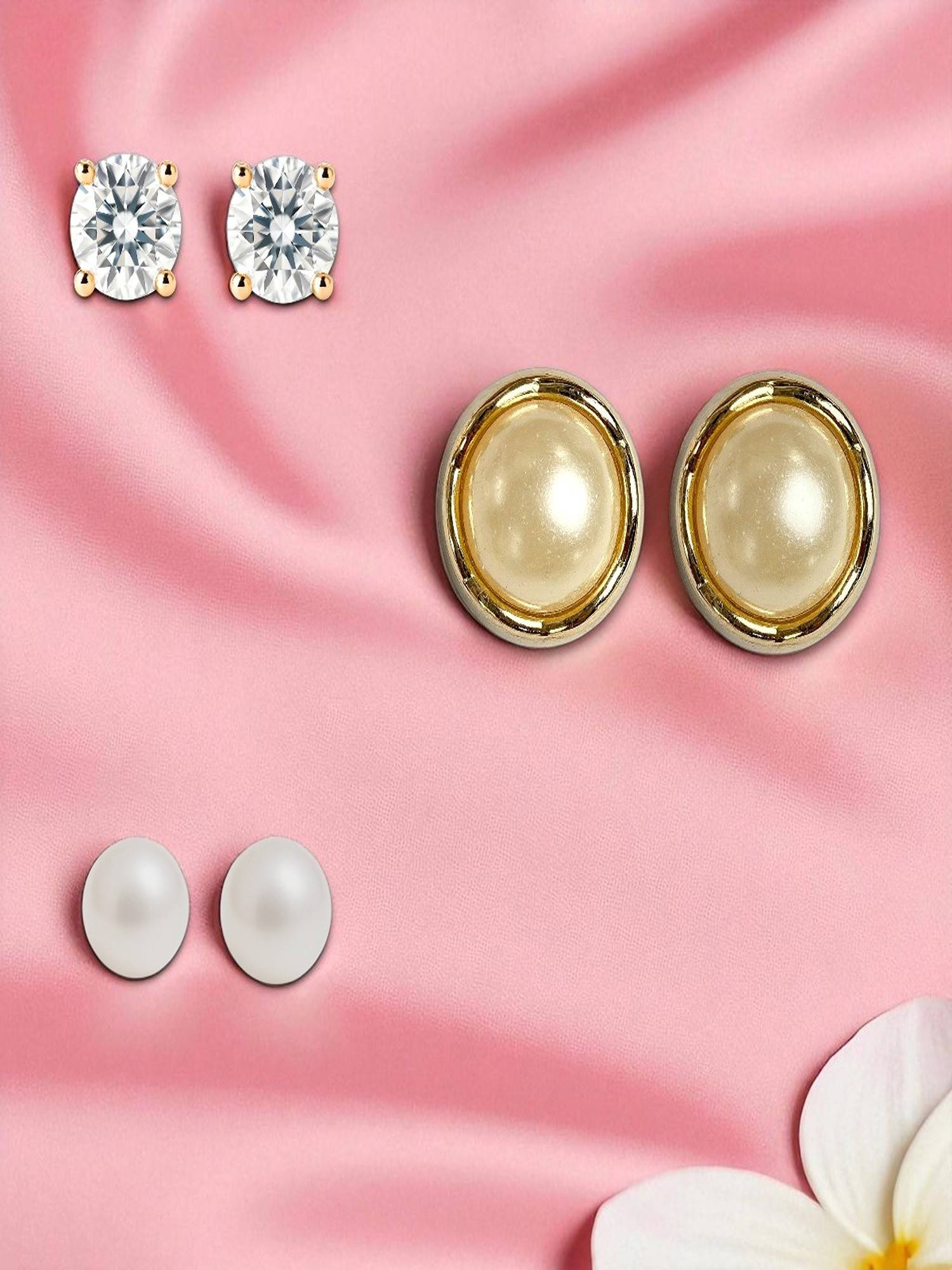 Accessher Gold Pearl Crystal Stud Earrings (Pack of 3)