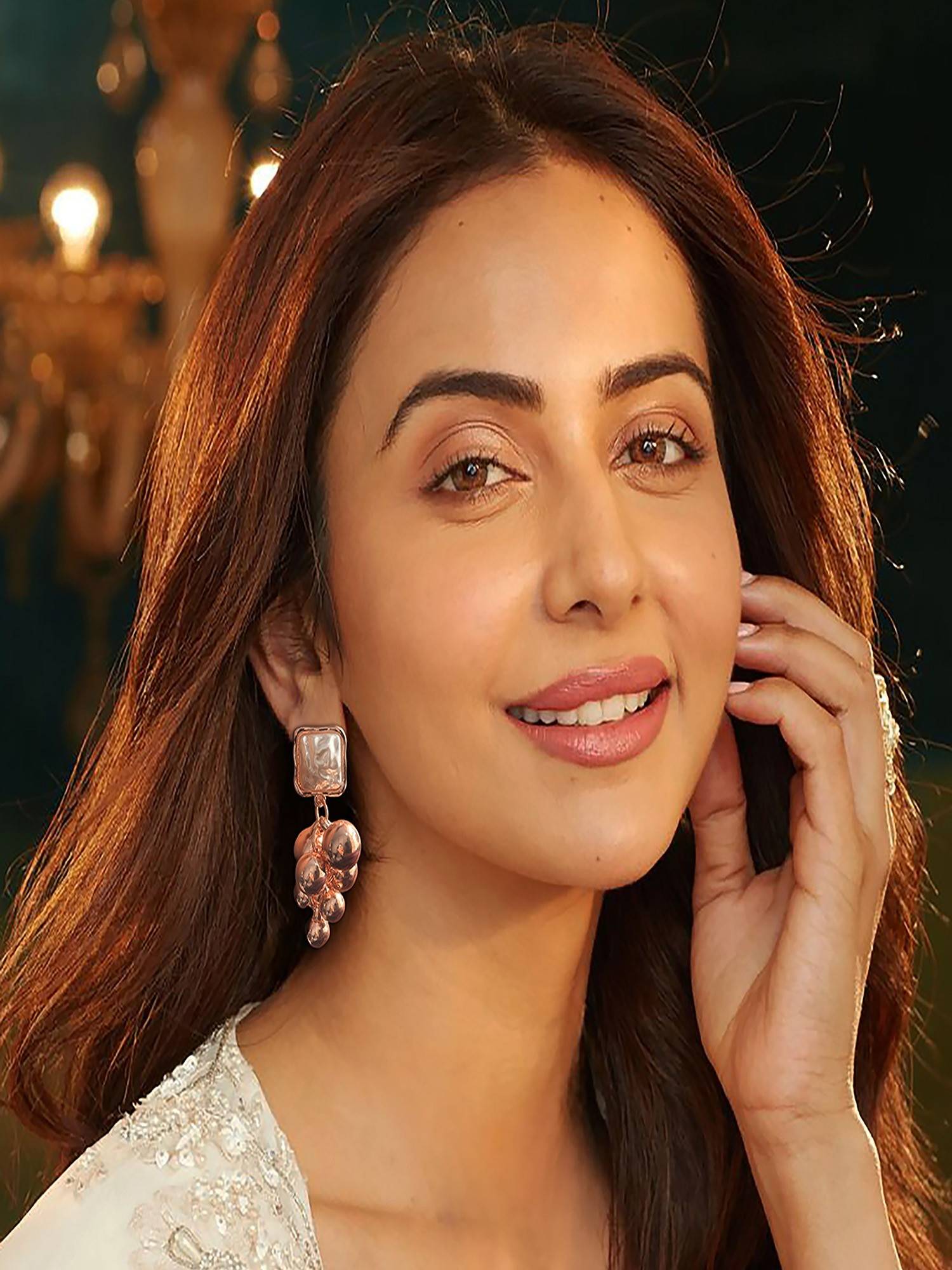 Accessher Rose-Gold Drop Earrings with Metallic Beads