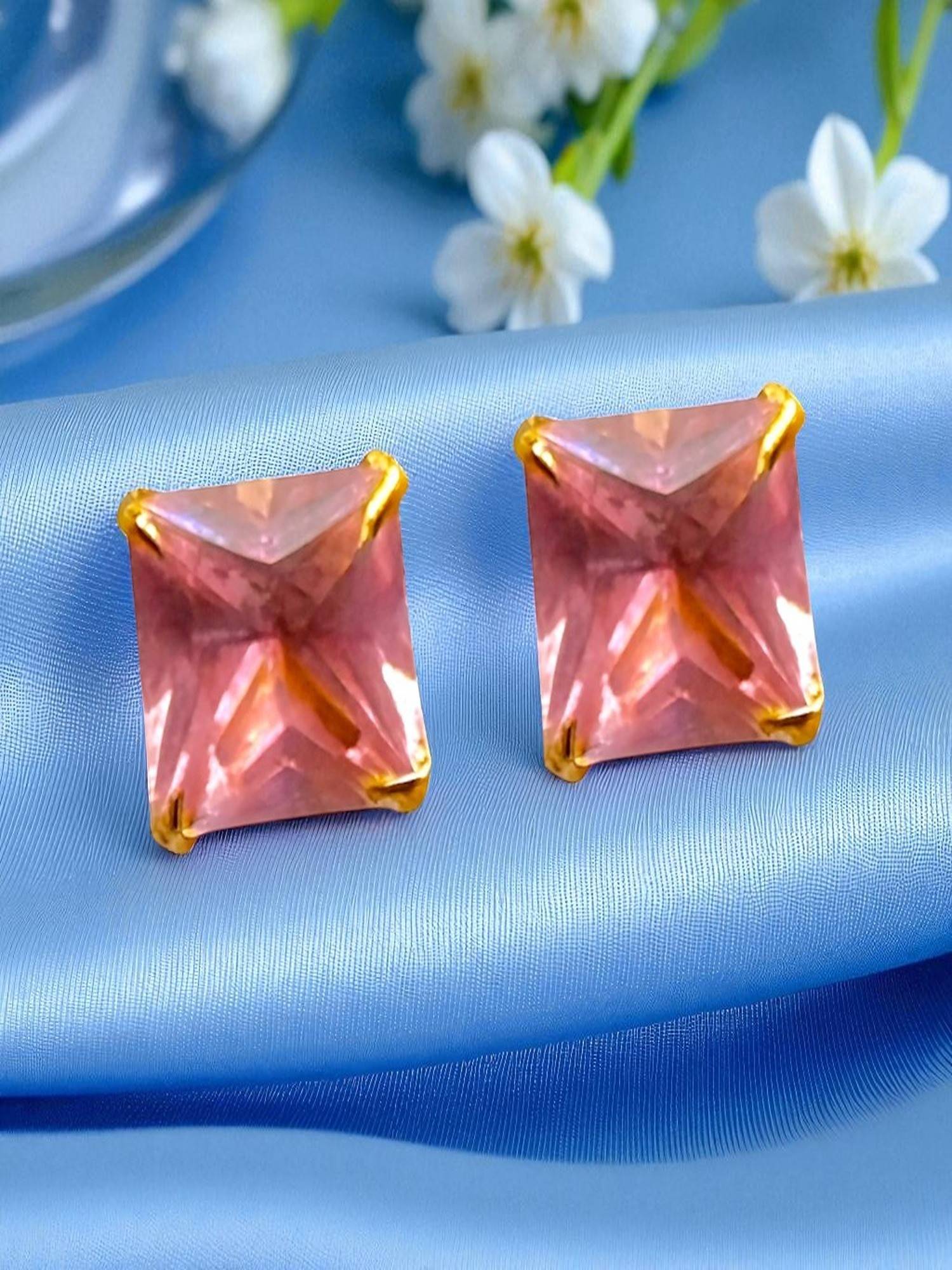 Accessher Gold Light-Pink Square Stud Earrings
