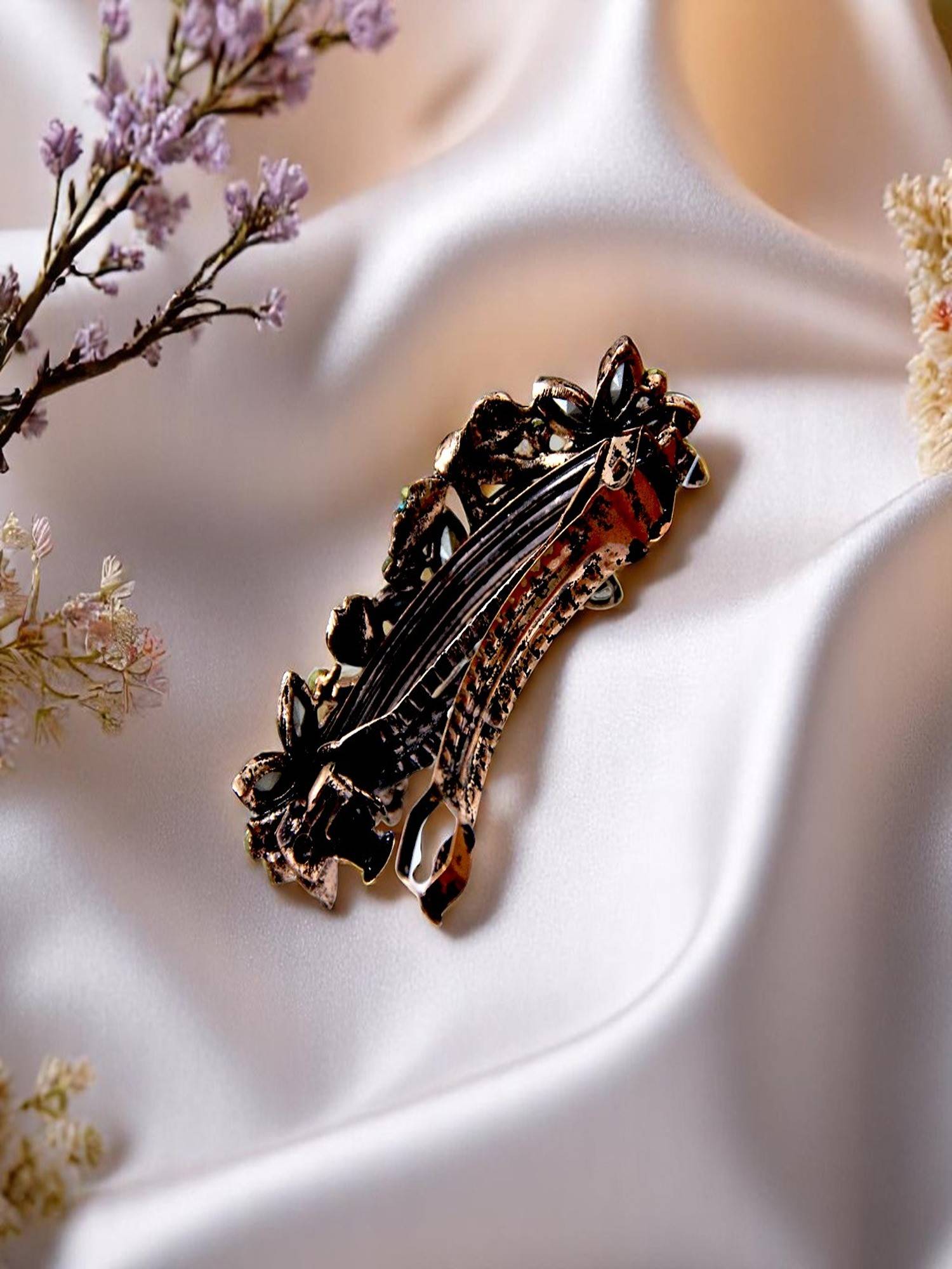 Accessher Oxidised Hair Clutcher with Floral Motifs Crystals Hair Clip