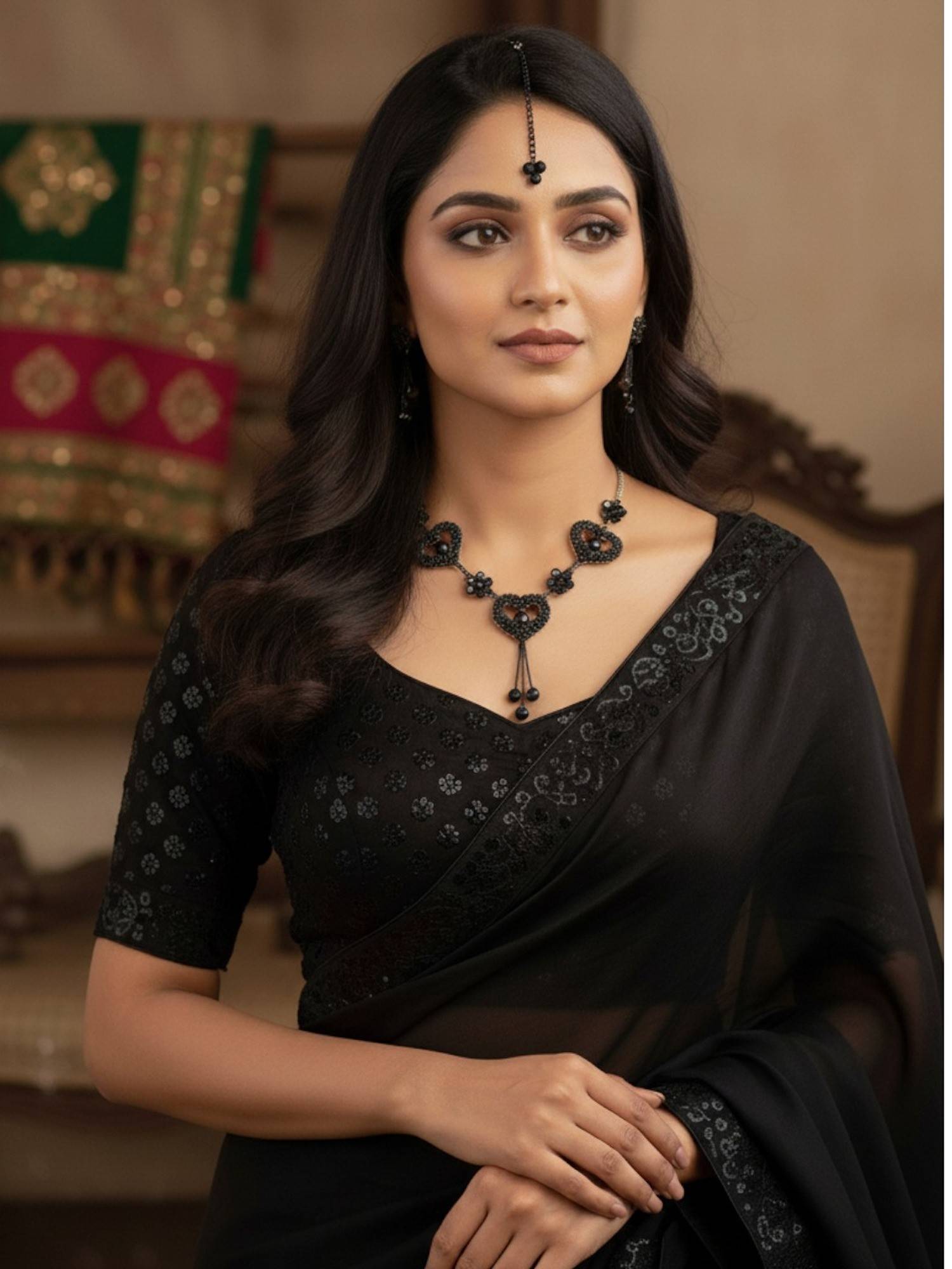 Accessher Black Heart Floral Jewellery Set