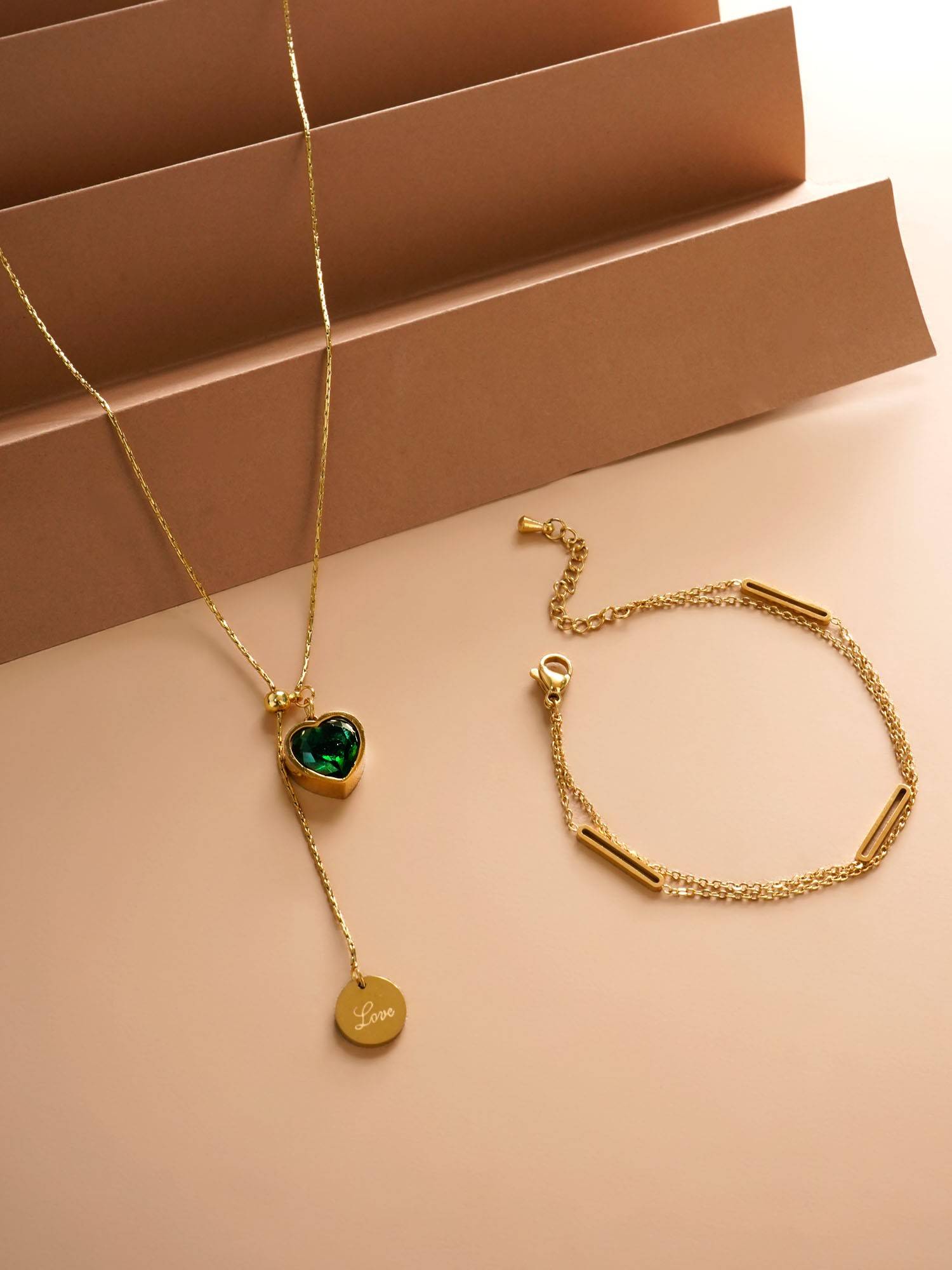 Palmonas Bar Charm Bracelet and Emerald Love Necklace Combo Set