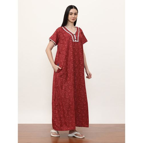 Buy Jaipur Kurti Printed Pure Cotton Maxi Nightdress Maroon Online
