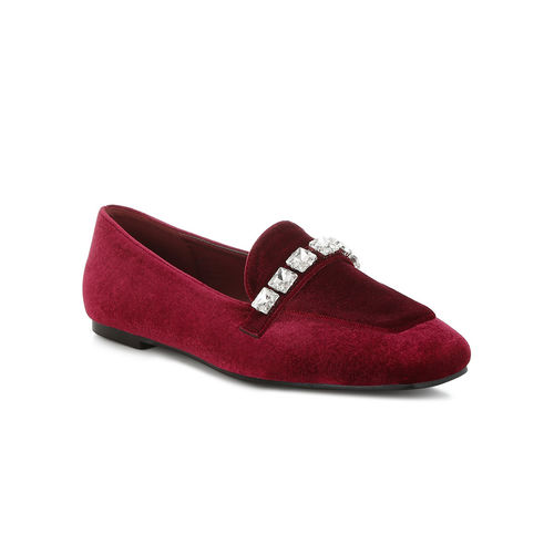 Rag Co Red Diamante Strap Velvet Loafers (UK 3)