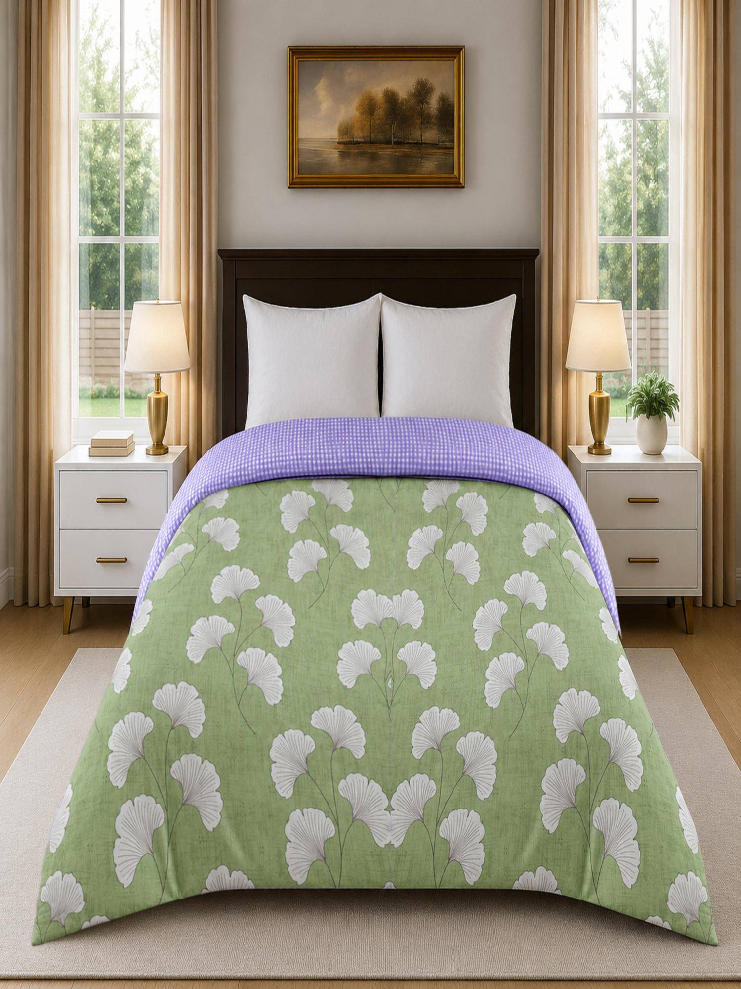 Threadwear Green Floral 300 Gsm Cotton Double Bed Size Comforter From Threads