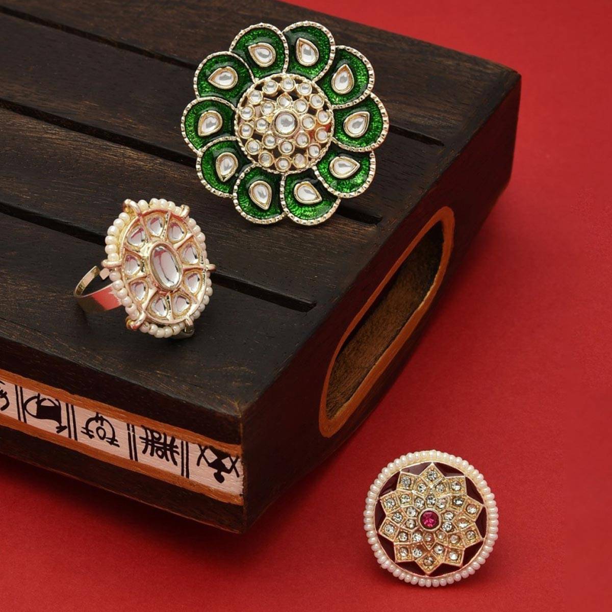 Zaveri Pearls Set of 3 Multicolor Traditional Kundan Adjustable Finger Rings-ZPFK12768