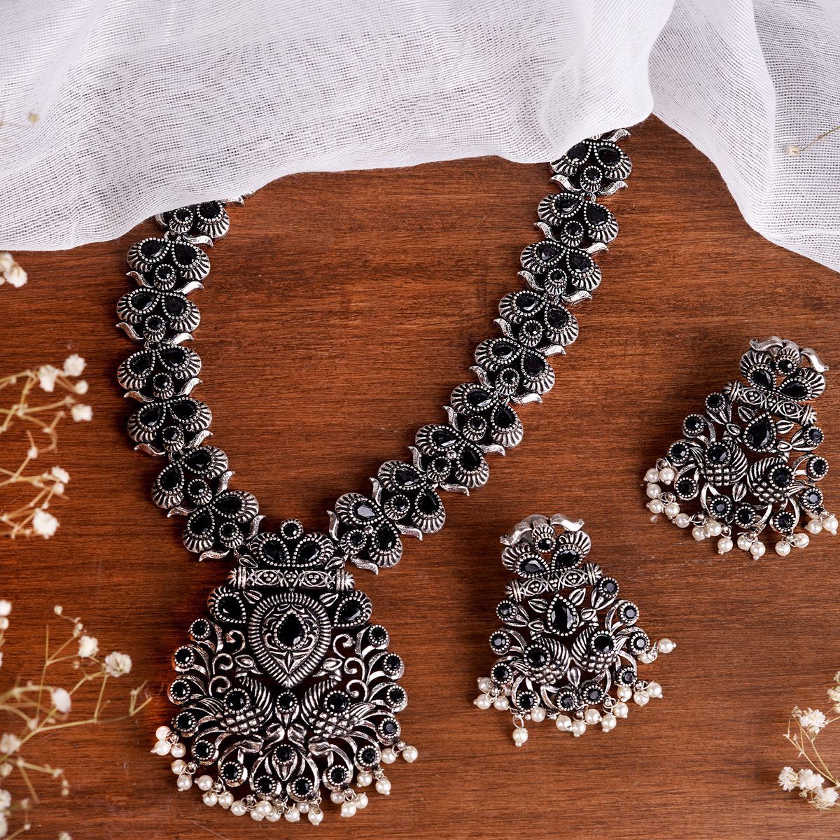 Antique design black color stones necklace with matching earring set Saree  Salwar