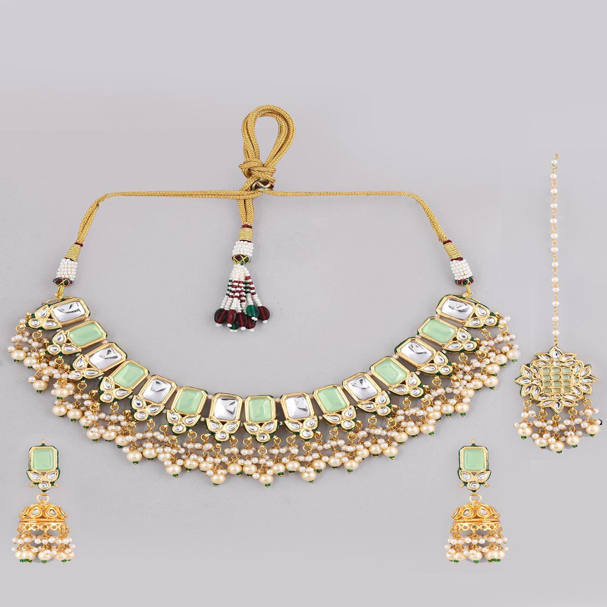 Buy DASTOOR Womens Gold Plated Green and White Designer Necklace Set Online