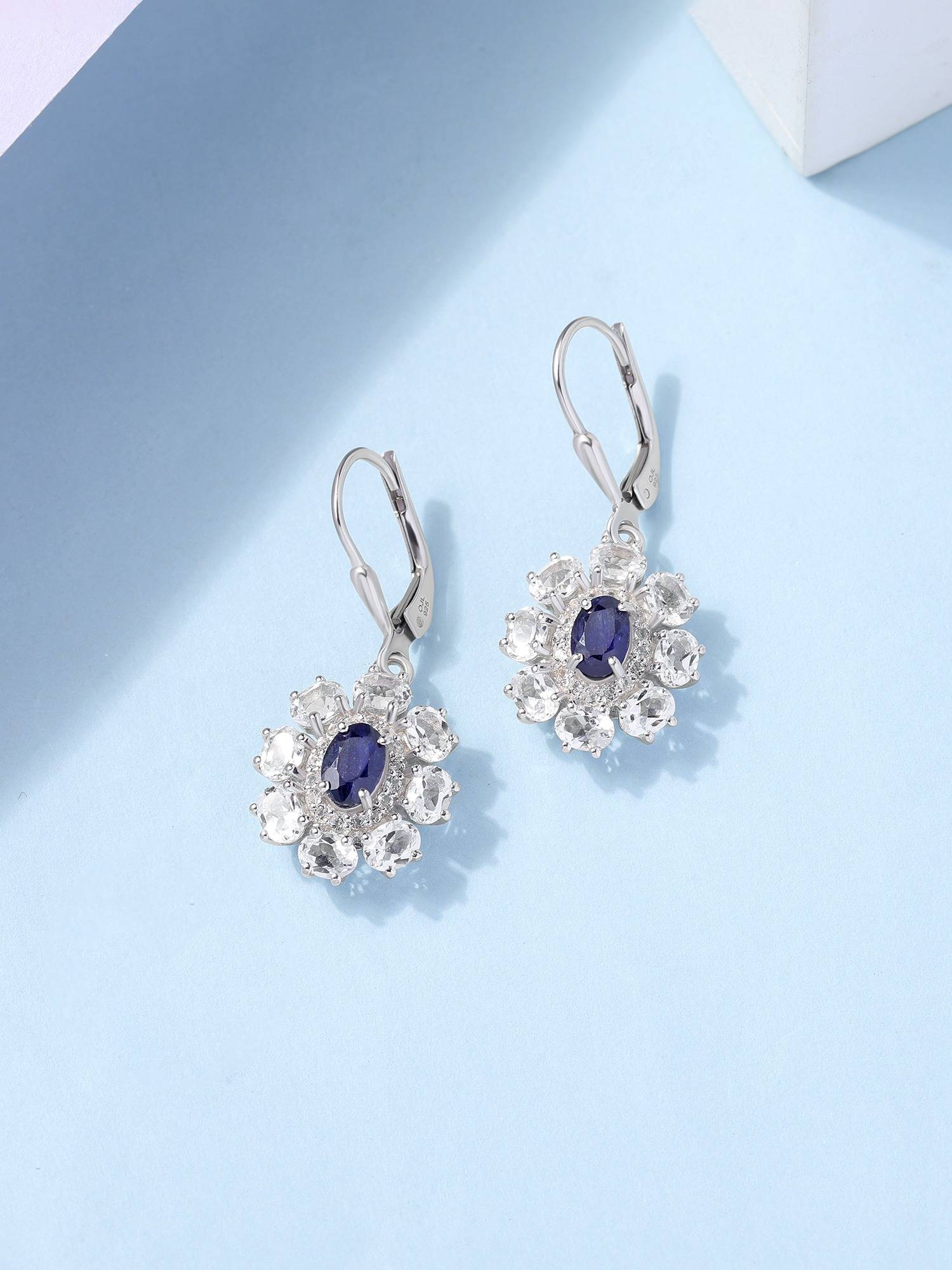925 Silver Oval Natural Blue Fissure Filled Sapphire Blossom Earring for Women & Girls
