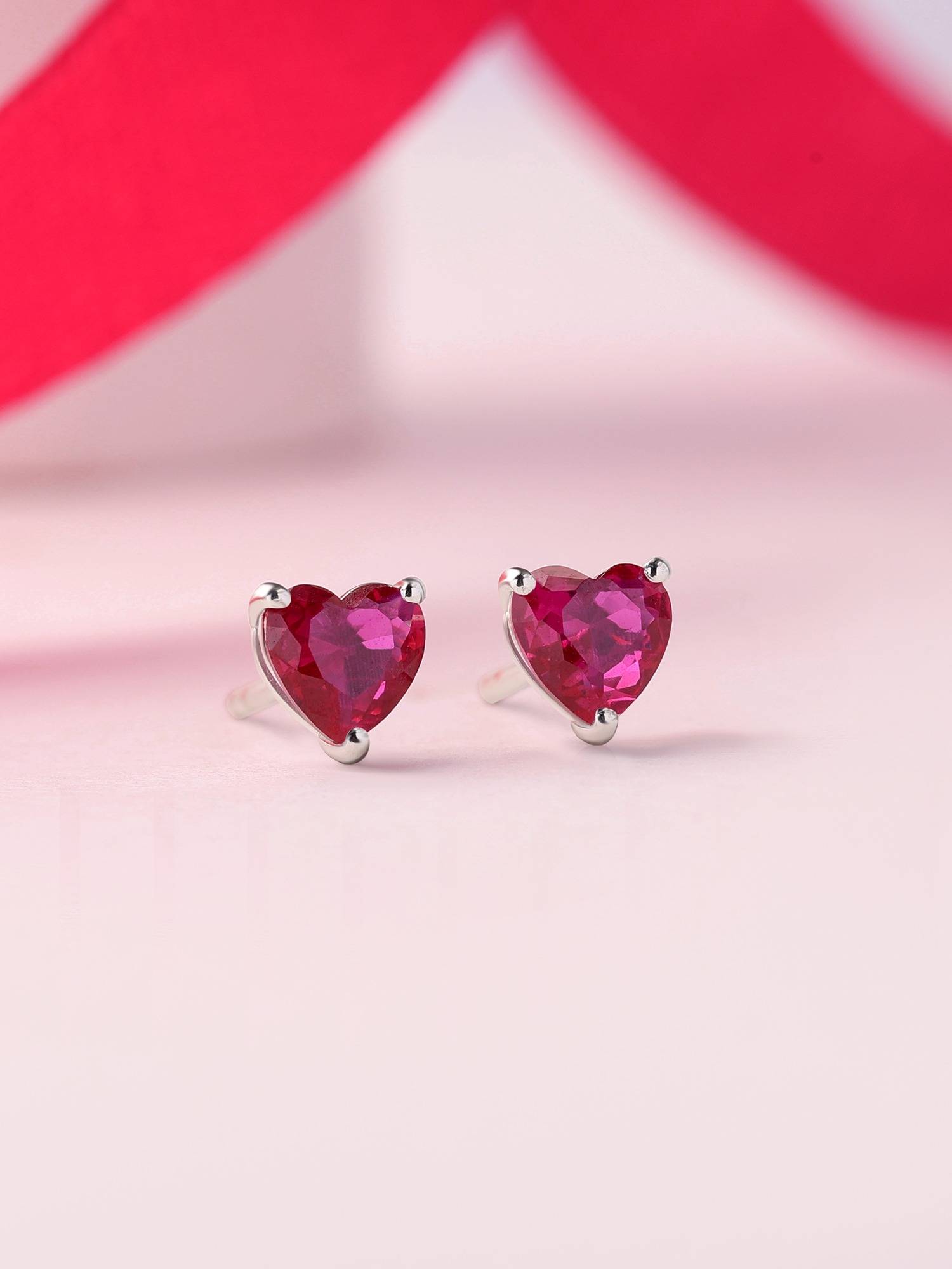 Ornate Jewels 925 Silver Rhodium Plated Red Ruby Heart Party Wear Earrings for Women & Girls