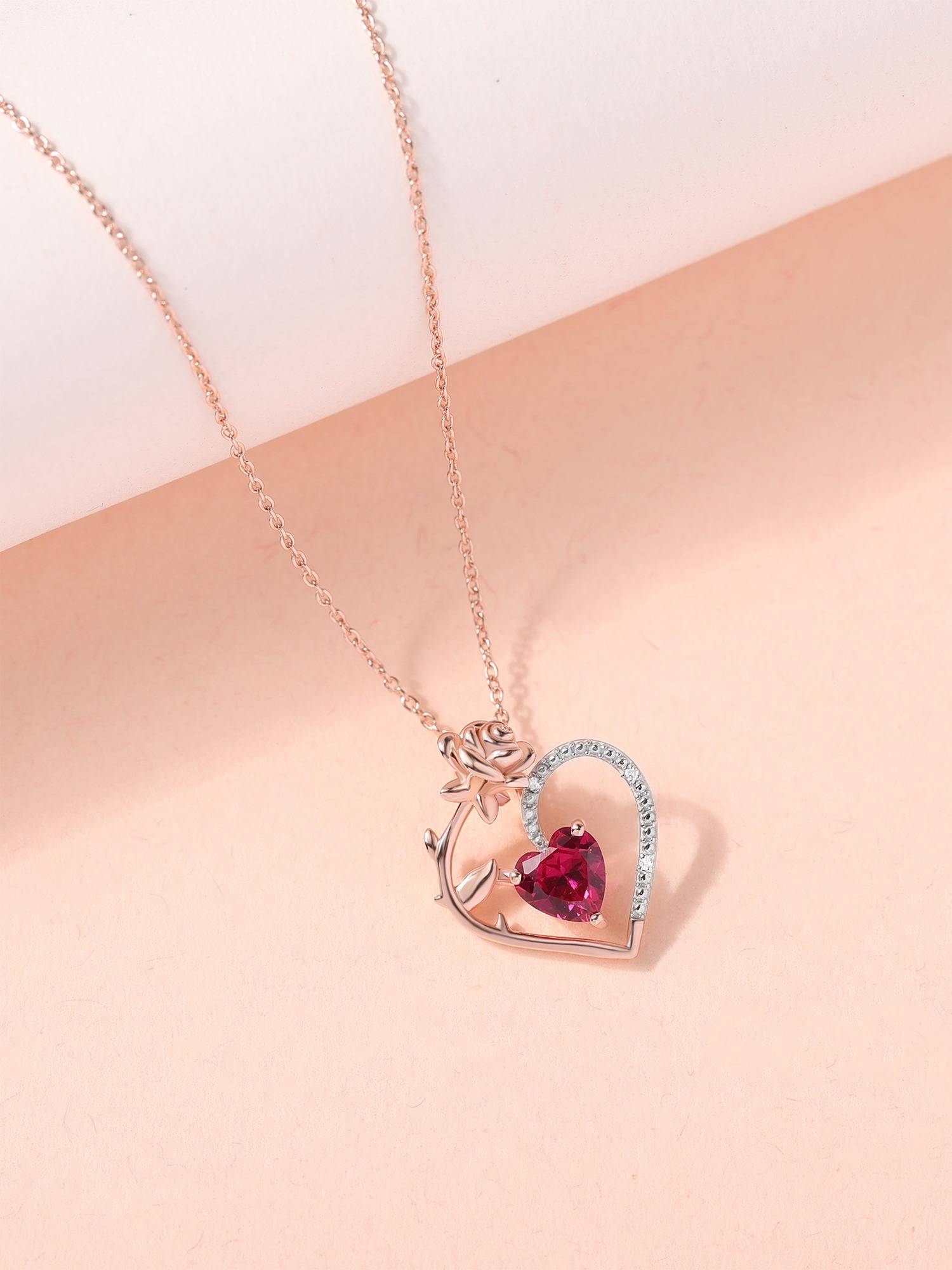Ornate Jewels 925 Silver Rose Gold Red Ruby Heart Necklace for Women & Girls