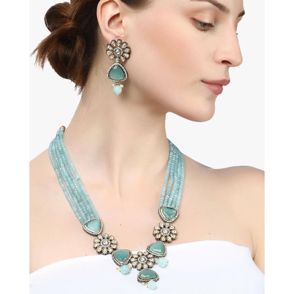 Adwitiya Gold-Plated Blue Cz Stone-Studded Beaded Hand Crafted Jewellery Set